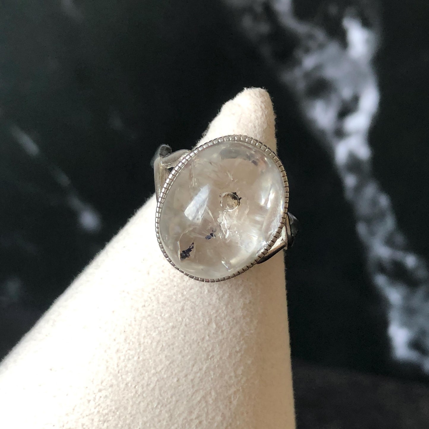 Polished Enhydro Quartz (Herkimer Diamond) S925 Silver Adjustable Ring: Rainbow! Moving Sand and Bubble Inclusion Crystal Statement Ring for Women ring crystal band ring crystal cocktail ring crystal stackable ring 7 chakra crystal ring meditation crystal healing stone birthstone silver ring ring for men rainbow quartz inclusion quartz inclusion crystal minerals specimen silver ring free size ring adjustable ring holder