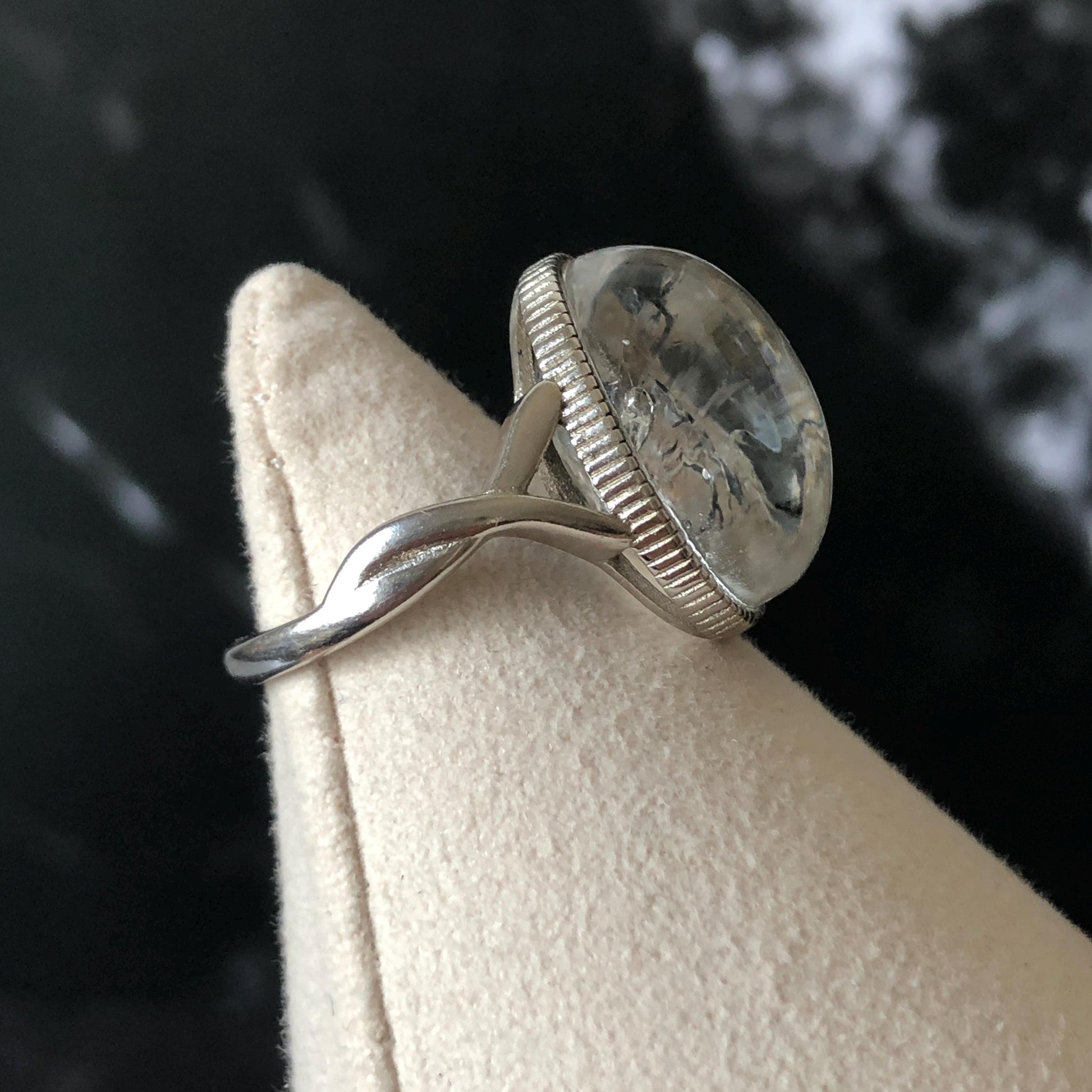 Polished Enhydro Quartz (Herkimer Diamond) S925 Silver Adjustable Ring: Rainbow! Moving Sand and Bubble Inclusion Crystal Statement Ring for Women ring crystal band ring crystal cocktail ring crystal stackable ring 7 chakra crystal ring meditation crystal healing stone birthstone silver ring ring for men rainbow quartz inclusion quartz inclusion crystal minerals specimen silver ring free size ring adjustable ring holder