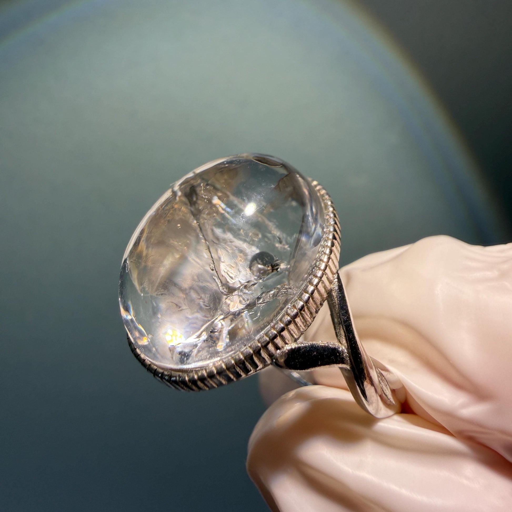 Polished Enhydro Quartz (Herkimer Diamond) S925 Silver Adjustable Ring: Rainbow! Moving Sand and Bubble Inclusion Crystal Statement Ring for Women ring crystal band ring crystal cocktail ring crystal stackable ring 7 chakra crystal ring meditation crystal healing stone birthstone silver ring ring for men rainbow quartz inclusion quartz inclusion crystal minerals specimen silver ring free size ring adjustable ring holder