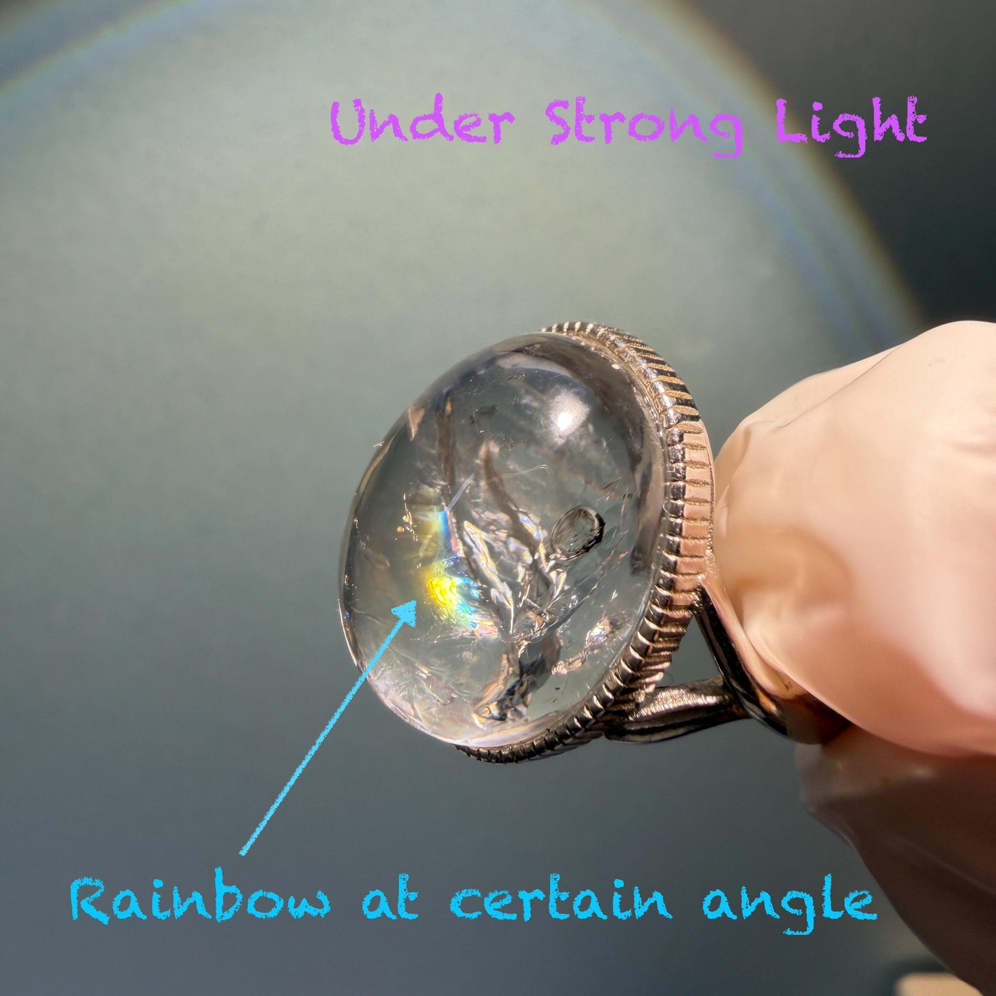 Polished Enhydro Quartz (Herkimer Diamond) S925 Silver Adjustable Ring: Rainbow! Moving Sand and Bubble Inclusion Crystal Statement Ring for Women ring crystal band ring crystal cocktail ring crystal stackable ring 7 chakra crystal ring meditation crystal healing stone birthstone silver ring ring for men rainbow quartz inclusion quartz inclusion crystal minerals specimen silver ring free size ring adjustable ring holder