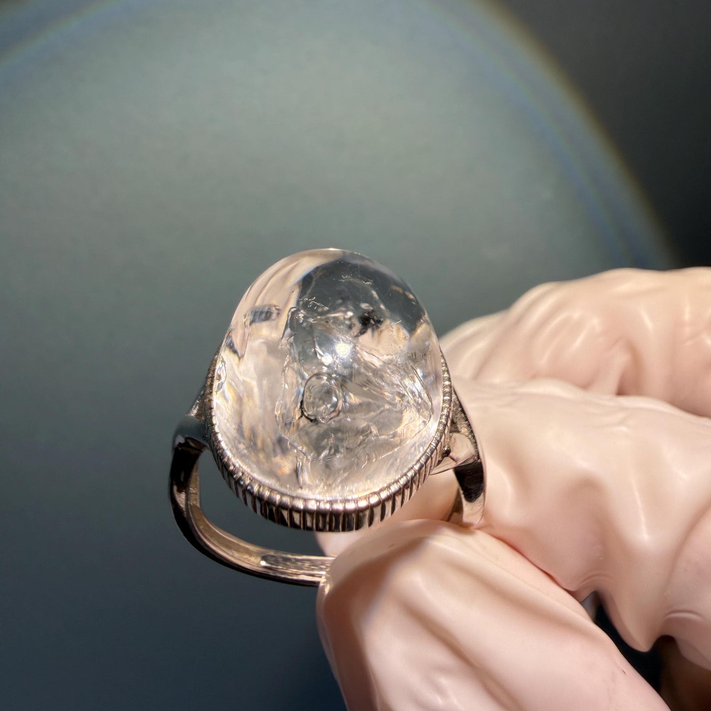 Polished Enhydro Quartz (Herkimer Diamond) S925 Silver Adjustable Ring: Rainbow! Moving Sand and Bubble Inclusion Crystal Statement Ring for Women ring crystal band ring crystal cocktail ring crystal stackable ring 7 chakra crystal ring meditation crystal healing stone birthstone silver ring ring for men rainbow quartz inclusion quartz inclusion crystal minerals specimen silver ring free size ring adjustable ring holder