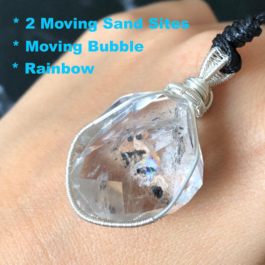 Rare Polished Enhydro Quartz (Herkimer Diamond) Mini Wire Wrapped Pendant Adjustable Necklace: Moving Sand & Black Bubble Inclusion Crystal | Natural Gemstone Birthstone Gift for her enhydro quartz sand water-fall pendant necklace choker gemstone charm stone pendant choker polished stone pendant crystal charm birthstone gift for her men necklace chakra crystal purify stone minerals specimen adjustable choker mica quartz silver wire wrapped pendant inlcusion crystal inclusion quartz jewelry