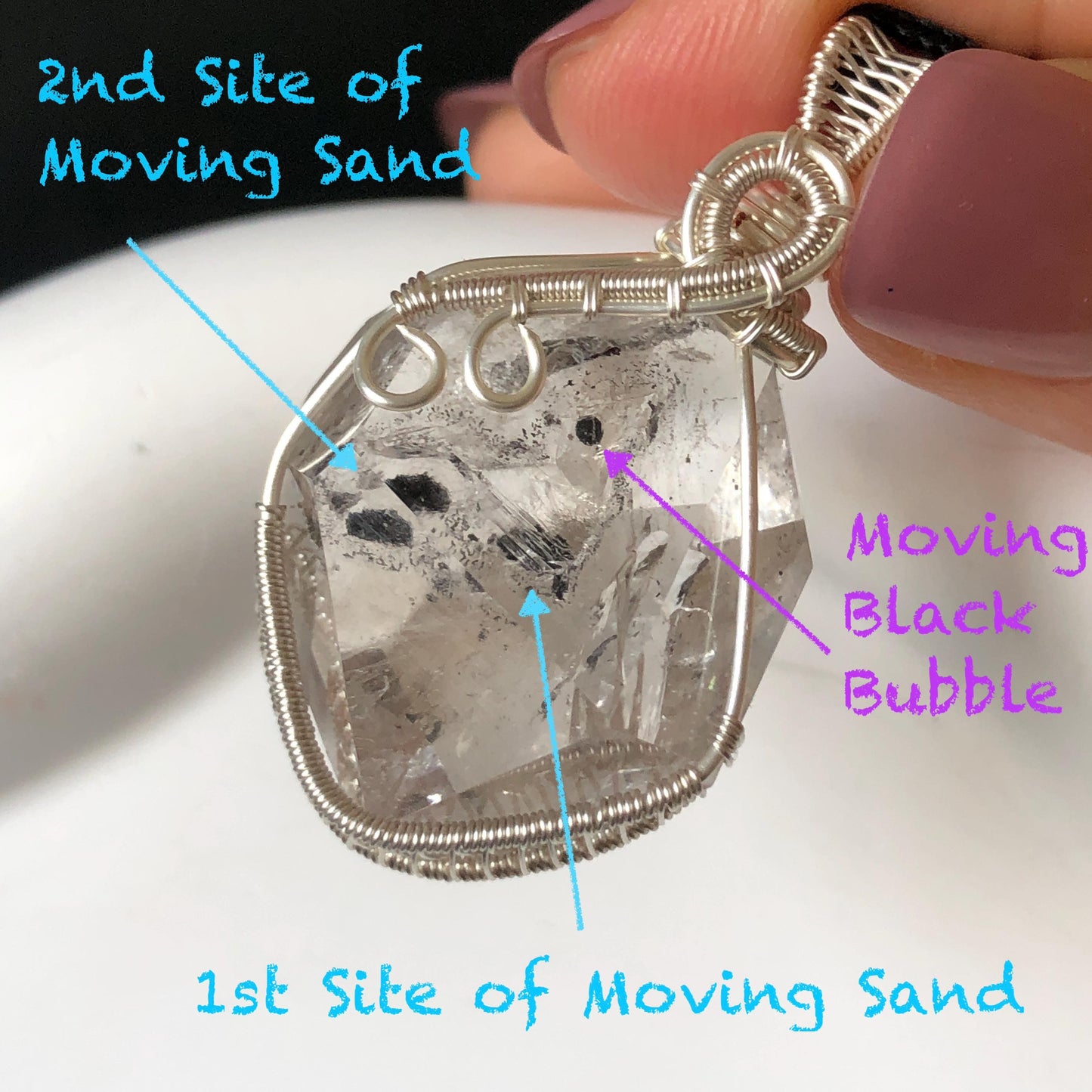 Rare Polished Enhydro Quartz (Herkimer Diamond) Mini Wire Wrapped Pendant Adjustable Necklace: Moving Sand & Black Bubble Inclusion Crystal | Natural Gemstone Birthstone Gift for her enhydro quartz sand water-fall pendant necklace choker gemstone charm stone pendant choker polished stone pendant crystal charm birthstone gift for her men necklace chakra crystal purify stone minerals specimen adjustable choker mica quartz silver wire wrapped pendant inlcusion crystal inclusion quartz jewelry