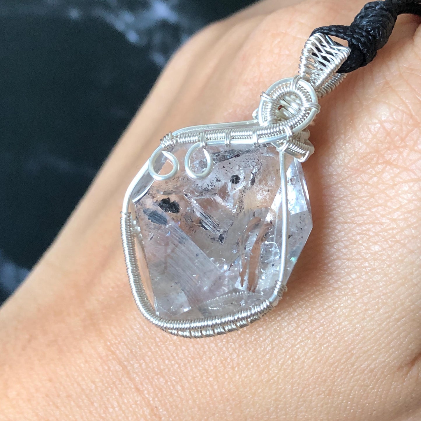 Rare Polished Enhydro Quartz (Herkimer Diamond) Mini Wire Wrapped Pendant Adjustable Necklace: Moving Sand & Black Bubble Inclusion Crystal | Natural Gemstone Birthstone Gift for her enhydro quartz sand water-fall pendant necklace choker gemstone charm stone pendant choker polished stone pendant crystal charm birthstone gift for her men necklace chakra crystal purify stone minerals specimen adjustable choker mica quartz silver wire wrapped pendant inlcusion crystal inclusion quartz jewelry