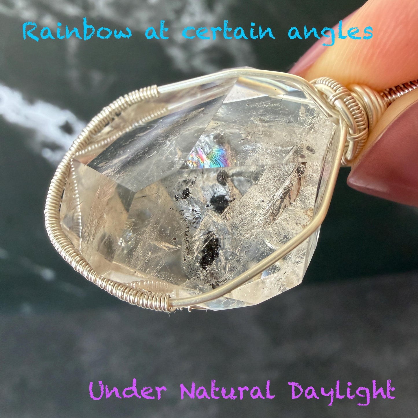 Rare Polished Enhydro Quartz (Herkimer Diamond) Mini Wire Wrapped Pendant Adjustable Necklace: Moving Sand & Black Bubble Inclusion Crystal | Natural Gemstone Birthstone Gift for her enhydro quartz sand water-fall pendant necklace choker gemstone charm stone pendant choker polished stone pendant crystal charm birthstone gift for her men necklace chakra crystal purify stone minerals specimen adjustable choker mica quartz silver wire wrapped pendant inlcusion crystal inclusion quartz jewelry