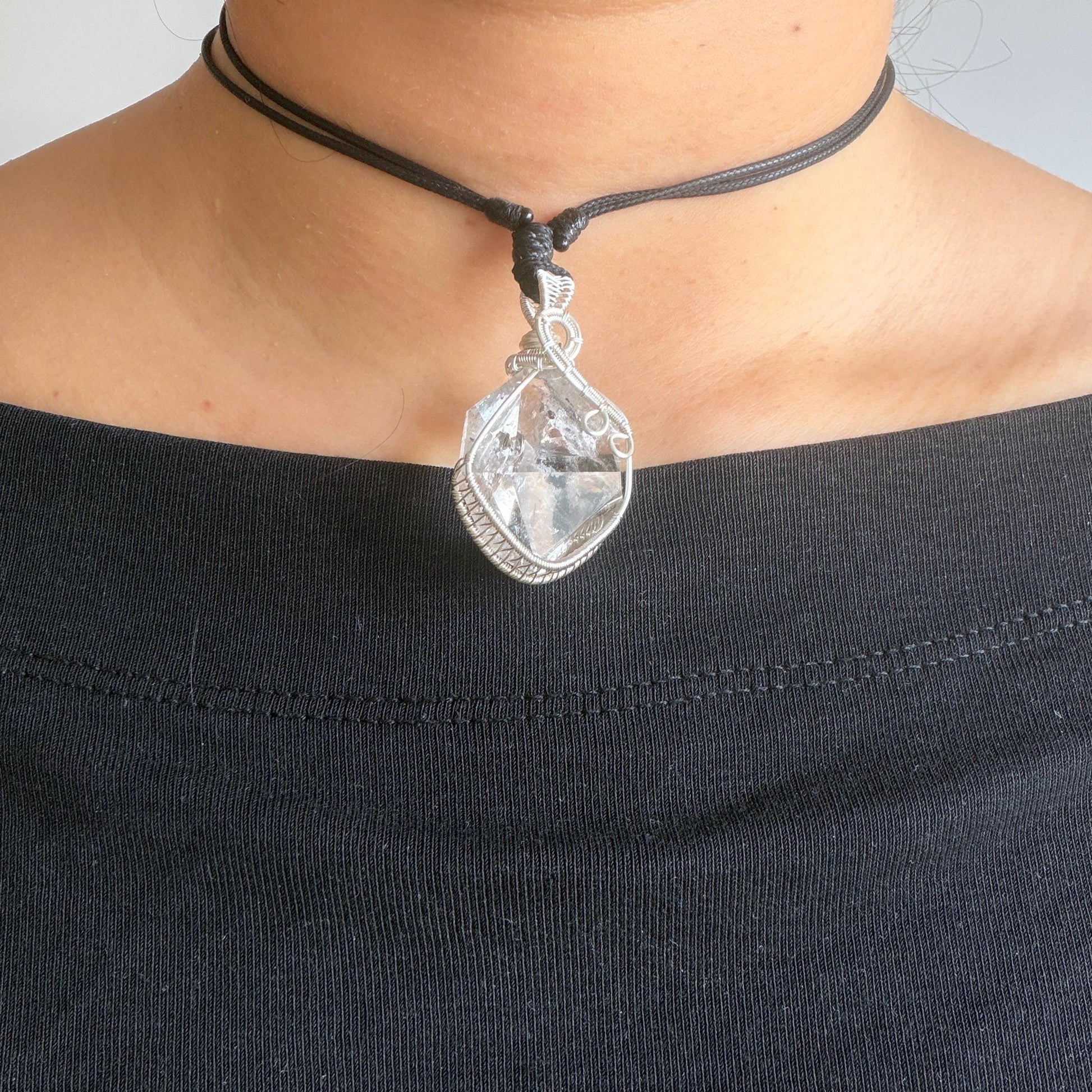 Rare Polished Enhydro Quartz (Herkimer Diamond) Mini Wire Wrapped Pendant Adjustable Necklace: Moving Sand & Black Bubble Inclusion Crystal | Natural Gemstone Birthstone Gift for her enhydro quartz sand water-fall pendant necklace choker gemstone charm stone pendant choker polished stone pendant crystal charm birthstone gift for her men necklace chakra crystal purify stone minerals specimen adjustable choker mica quartz silver wire wrapped pendant inlcusion crystal inclusion quartz jewelry