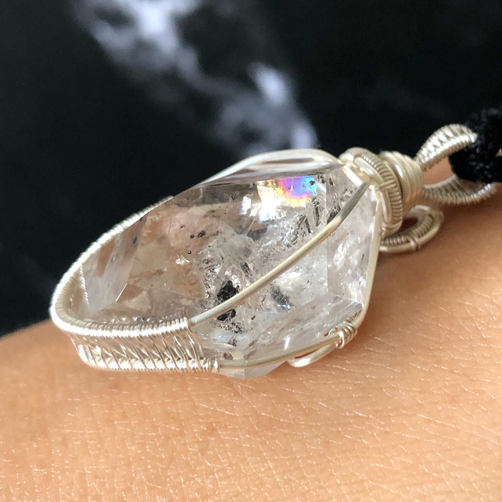 Rare Polished Enhydro Quartz (Herkimer Diamond) Mini Wire Wrapped Pendant Adjustable Necklace: Moving Sand & Black Bubble Inclusion Crystal | Natural Gemstone Birthstone Gift for her enhydro quartz sand water-fall pendant necklace choker gemstone charm stone pendant choker polished stone pendant crystal charm birthstone gift for her men necklace chakra crystal purify stone minerals specimen adjustable choker mica quartz silver wire wrapped pendant inlcusion crystal inclusion quartz jewelry