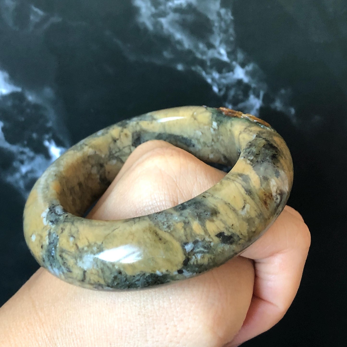 53.3mm Xiu Jade Serpentine Hand Carved Peony Flowers Bangle: Natural Brown Yellow Green Jade Handcrafted Bracelet, Stone Carving Gemstone Jewelry Gift for her wide jade bangle jade carving hand engraved stone carving natural untreated jade bracelet green jade yellow jade brown jade handcraft jade peony carving flower carving chinese jade vintage bangle antique bracelet