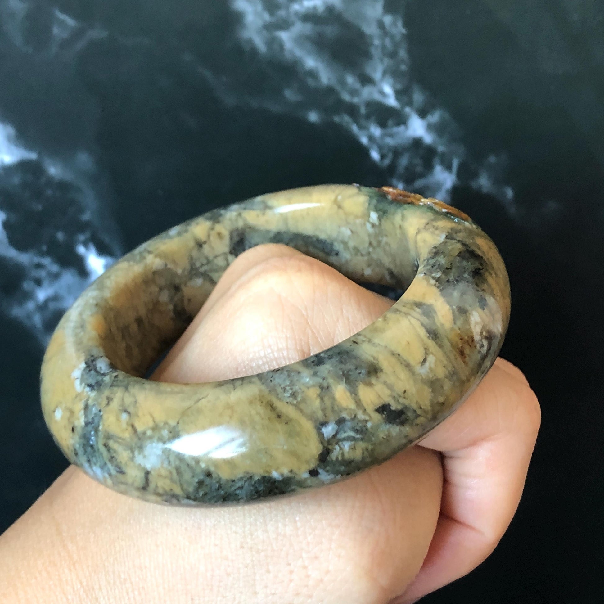 53.3mm Xiu Jade Serpentine Hand Carved Peony Flowers Bangle: Natural Brown Yellow Green Jade Handcrafted Bracelet, Stone Carving Gemstone Jewelry Gift for her wide jade bangle jade carving hand engraved stone carving natural untreated jade bracelet green jade yellow jade brown jade handcraft jade peony carving flower carving chinese jade vintage bangle antique bracelet