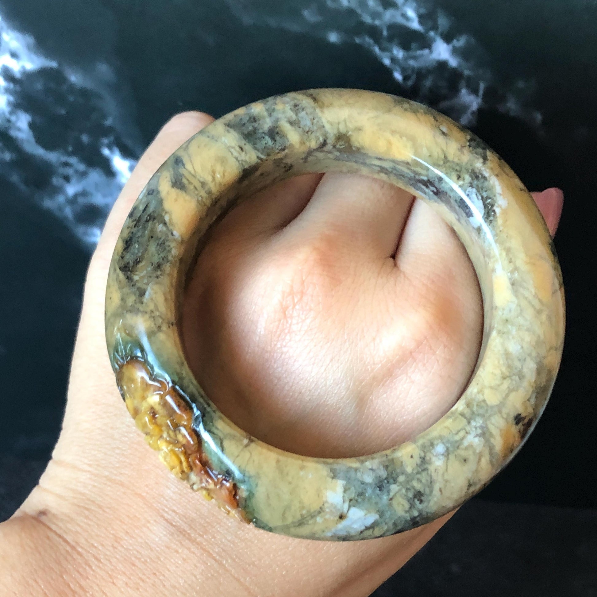 53.3mm Xiu Jade Serpentine Hand Carved Peony Flowers Bangle: Natural Brown Yellow Green Jade Handcrafted Bracelet, Stone Carving Gemstone Jewelry Gift for her wide jade bangle jade carving hand engraved stone carving natural untreated jade bracelet green jade yellow jade brown jade handcraft jade peony carving flower carving chinese jade vintage bangle antique bracelet