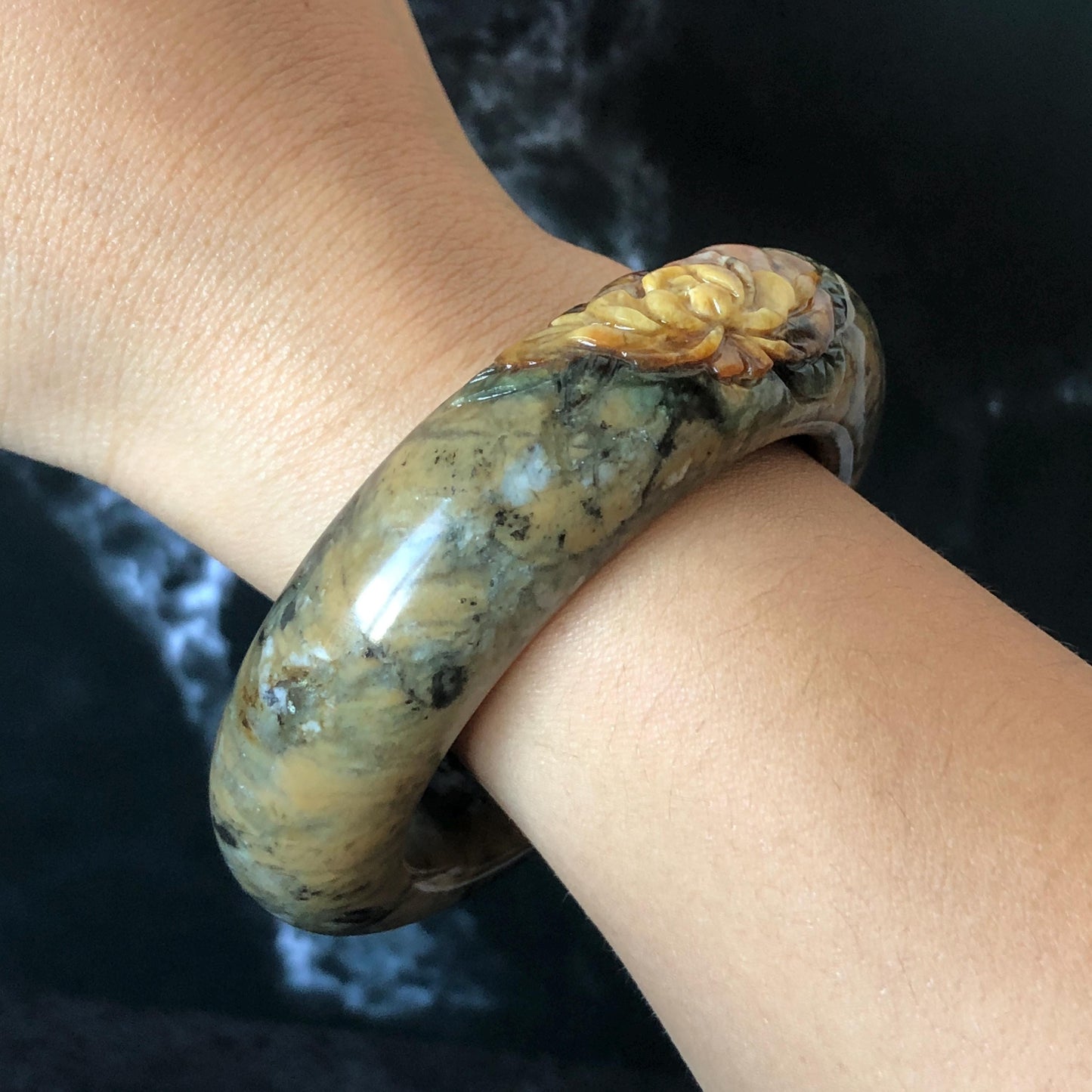53.3mm Xiu Jade Serpentine Hand Carved Peony Flowers Bangle: Natural Brown Yellow Green Jade Handcrafted Bracelet, Stone Carving Gemstone Jewelry Gift for her wide jade bangle jade carving hand engraved stone carving natural untreated jade bracelet green jade yellow jade brown jade handcraft jade peony carving flower carving chinese jade vintage bangle antique bracelet