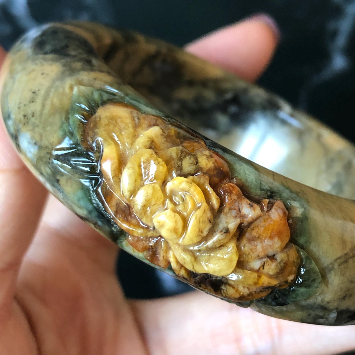 53.3mm Xiu Jade Serpentine Hand Carved Peony Flowers Bangle: Natural Brown Yellow Green Jade Handcrafted Bracelet, Stone Carving Gemstone Jewelry Gift for her wide jade bangle jade carving hand engraved stone carving natural untreated jade bracelet green jade yellow jade brown jade handcraft jade peony carving flower carving chinese jade vintage bangle antique bracelet