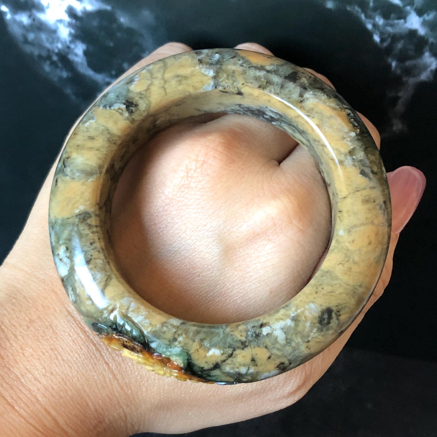 53.3mm Xiu Jade Serpentine Hand Carved Peony Flowers Bangle: Natural Brown Yellow Green Jade Handcrafted Bracelet, Stone Carving Gemstone Jewelry Gift for her wide jade bangle jade carving hand engraved stone carving natural untreated jade bracelet green jade yellow jade brown jade handcraft jade peony carving flower carving chinese jade vintage bangle antique bracelet