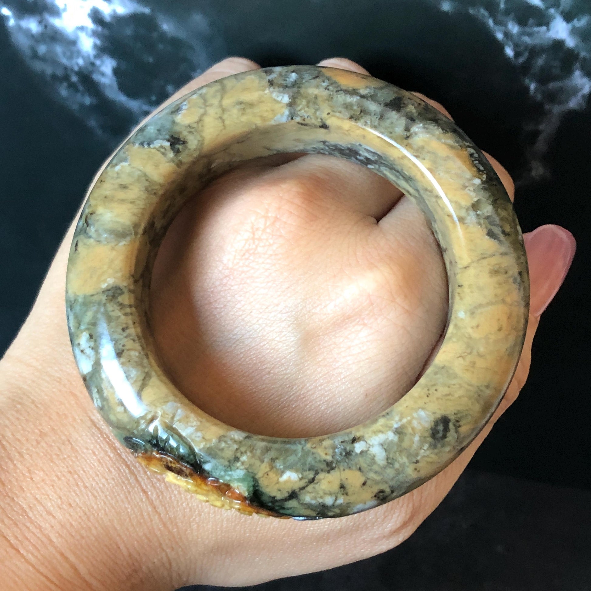 53.3mm Xiu Jade Serpentine Hand Carved Peony Flowers Bangle: Natural Brown Yellow Green Jade Handcrafted Bracelet, Stone Carving Gemstone Jewelry Gift for her wide jade bangle jade carving hand engraved stone carving natural untreated jade bracelet green jade yellow jade brown jade handcraft jade peony carving flower carving chinese jade vintage bangle antique bracelet