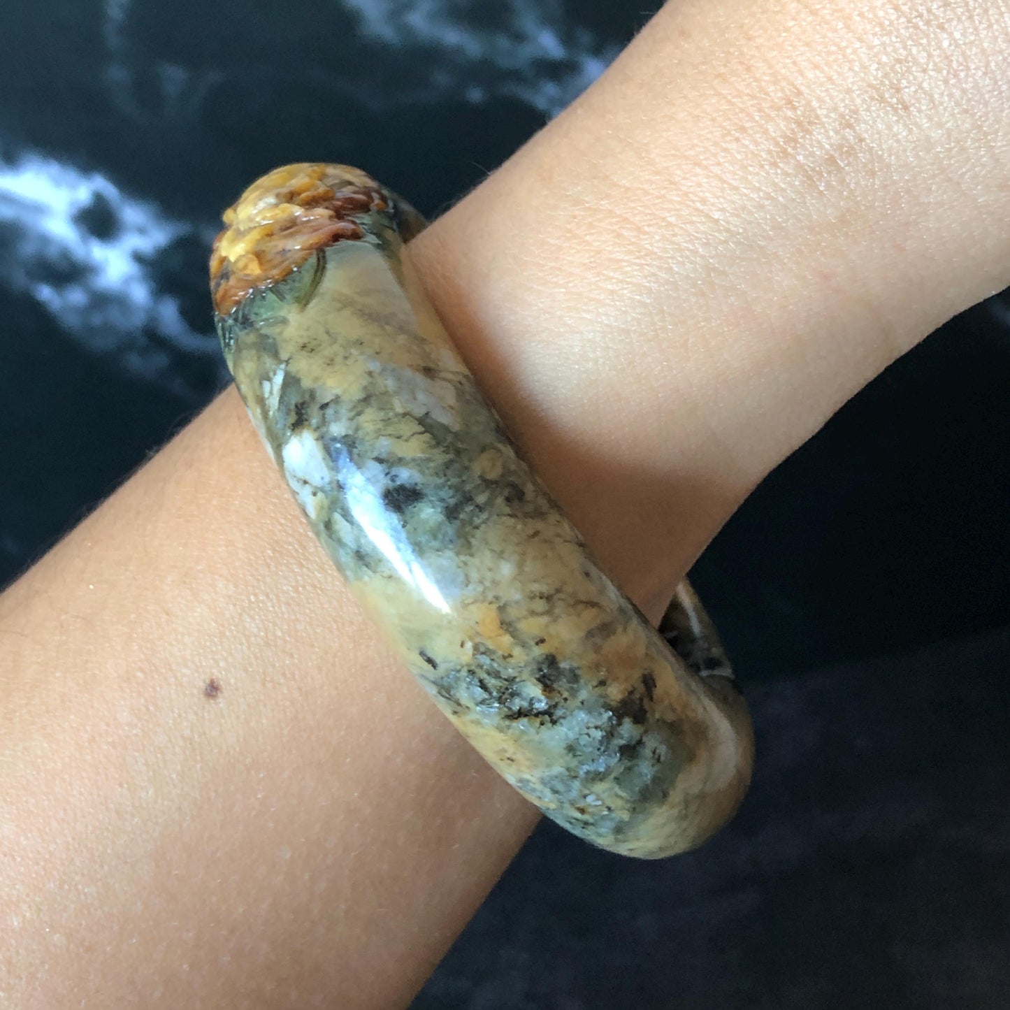 53.3mm Xiu Jade Serpentine Hand Carved Peony Flowers Bangle: Natural Brown Yellow Green Jade Handcrafted Bracelet, Stone Carving Gemstone Jewelry Gift for her wide jade bangle jade carving hand engraved stone carving natural untreated jade bracelet green jade yellow jade brown jade handcraft jade peony carving flower carving chinese jade vintage bangle antique bracelet