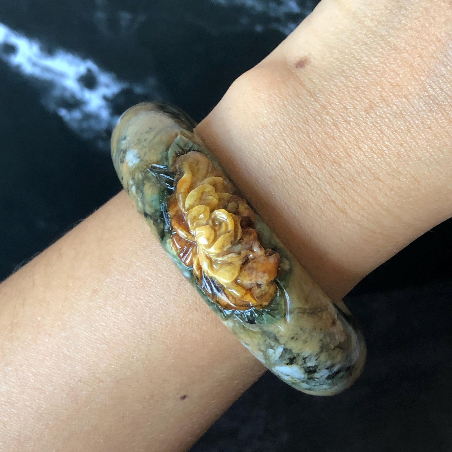 53.3mm Xiu Jade Serpentine Hand Carved Peony Flowers Bangle: Natural Brown Yellow Green Jade Handcrafted Bracelet, Stone Carving Gemstone Jewelry Gift for her wide jade bangle jade carving hand engraved stone carving natural untreated jade bracelet green jade yellow jade brown jade handcraft jade peony carving flower carving chinese jade vintage bangle antique bracelet