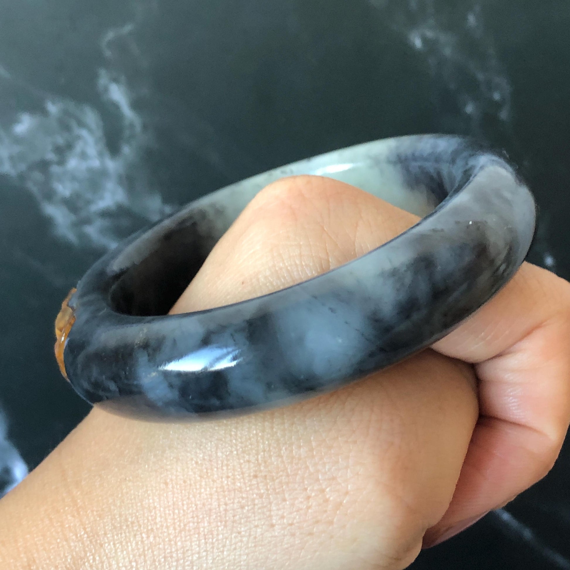 56.5mm Xiu Jade Serpentine Hand Carved Peony Flowers 55.7mm Xiu Jade Serpentine Hand Carved Lotus Flower Bangle: Natural Black White Brown Jade Handcrafted Bracelet, Stone Carving Gemstone Jewelry Gift for her wide jade bangle jade carving hand engraved stone carving natural untreated jade bracelet black jade white jade black jade brown jade handcraft jade lotus carving flower carving chinese jade vintage bangle antique bracelet sesame bracelet multi colour jade