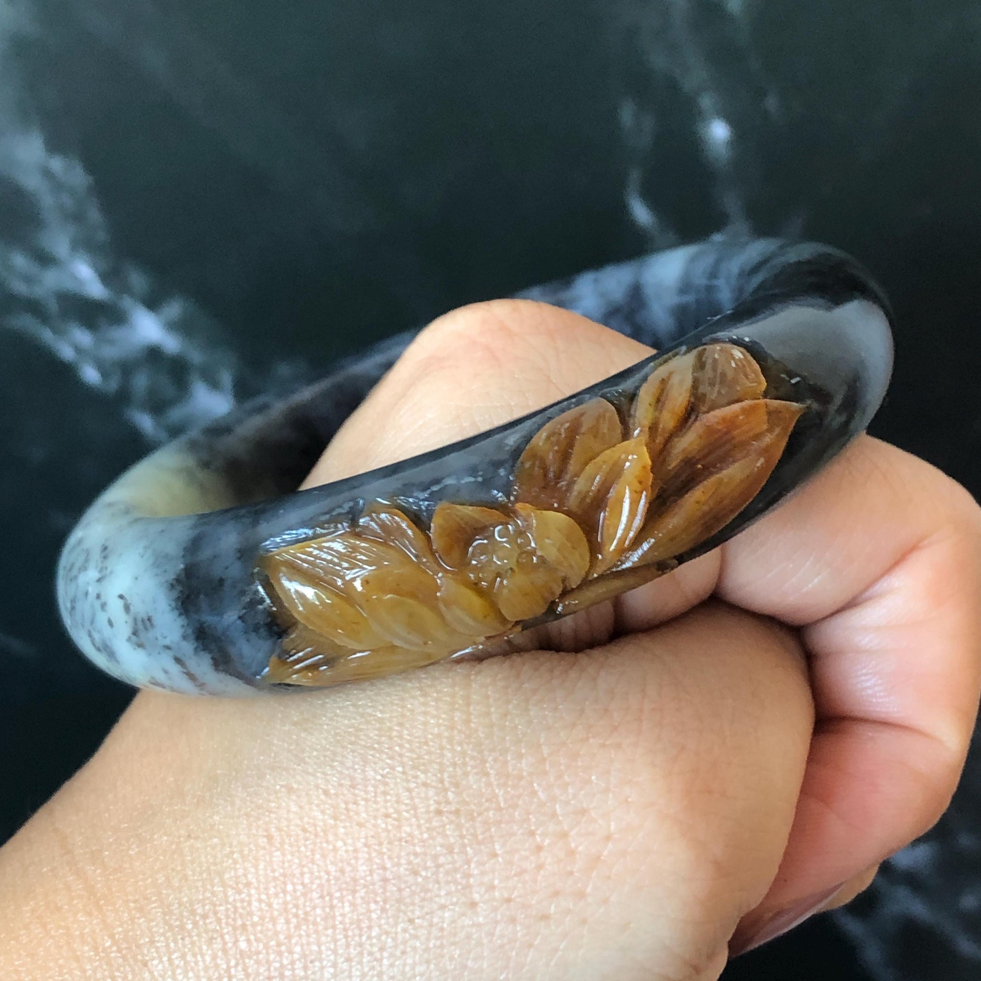 56.5mm Xiu Jade Serpentine Hand Carved Peony Flowers 55.7mm Xiu Jade Serpentine Hand Carved Lotus Flower Bangle: Natural Black White Brown Jade Handcrafted Bracelet, Stone Carving Gemstone Jewelry Gift for her wide jade bangle jade carving hand engraved stone carving natural untreated jade bracelet black jade white jade black jade brown jade handcraft jade lotus carving flower carving chinese jade vintage bangle antique bracelet sesame bracelet multi colour jade