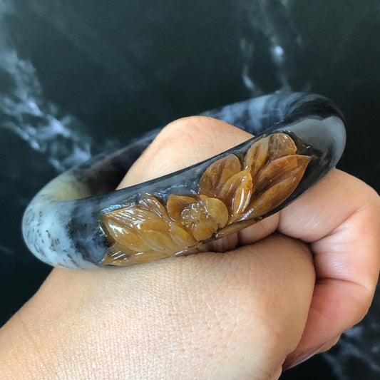 56.5mm Xiu Jade Serpentine Hand Carved Peony Flowers 55.7mm Xiu Jade Serpentine Hand Carved Lotus Flower Bangle: Natural Black White Brown Jade Handcrafted Bracelet, Stone Carving Gemstone Jewelry Gift for her wide jade bangle jade carving hand engraved stone carving natural untreated jade bracelet black jade white jade black jade brown jade handcraft jade lotus carving flower carving chinese jade vintage bangle antique bracelet sesame bracelet multi colour jade