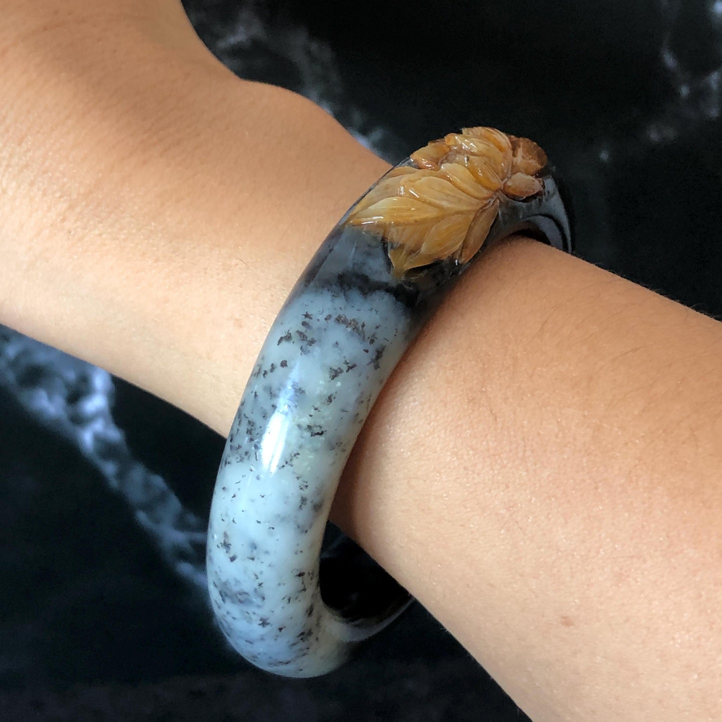 56.5mm Xiu Jade Serpentine Hand Carved Peony Flowers 55.7mm Xiu Jade Serpentine Hand Carved Lotus Flower Bangle: Natural Black White Brown Jade Handcrafted Bracelet, Stone Carving Gemstone Jewelry Gift for her wide jade bangle jade carving hand engraved stone carving natural untreated jade bracelet black jade white jade black jade brown jade handcraft jade lotus carving flower carving chinese jade vintage bangle antique bracelet sesame bracelet multi colour jade