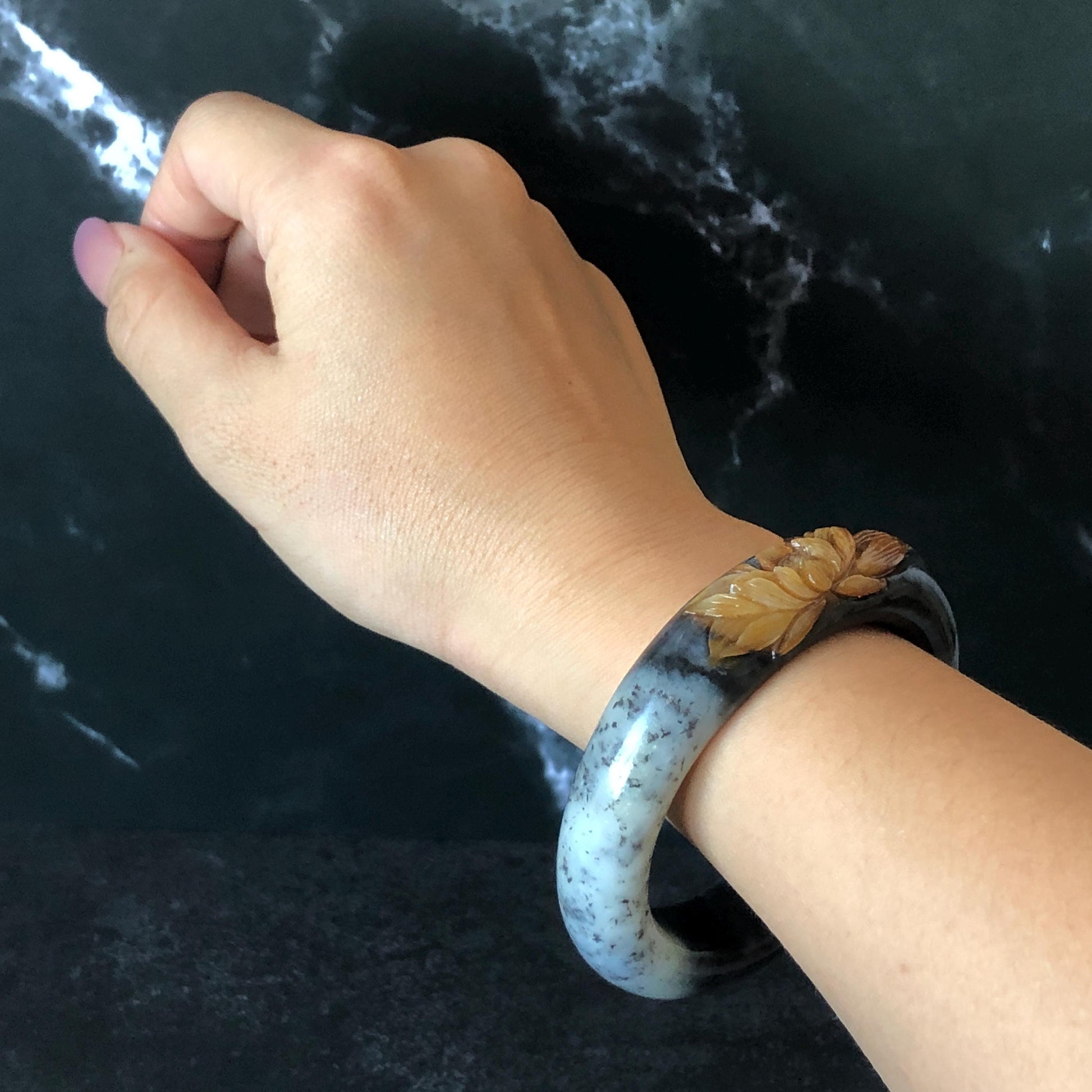 56.5mm Xiu Jade Serpentine Hand Carved Peony Flowers 55.7mm Xiu Jade Serpentine Hand Carved Lotus Flower Bangle: Natural Black White Brown Jade Handcrafted Bracelet, Stone Carving Gemstone Jewelry Gift for her wide jade bangle jade carving hand engraved stone carving natural untreated jade bracelet black jade white jade black jade brown jade handcraft jade lotus carving flower carving chinese jade vintage bangle antique bracelet sesame bracelet multi colour jade