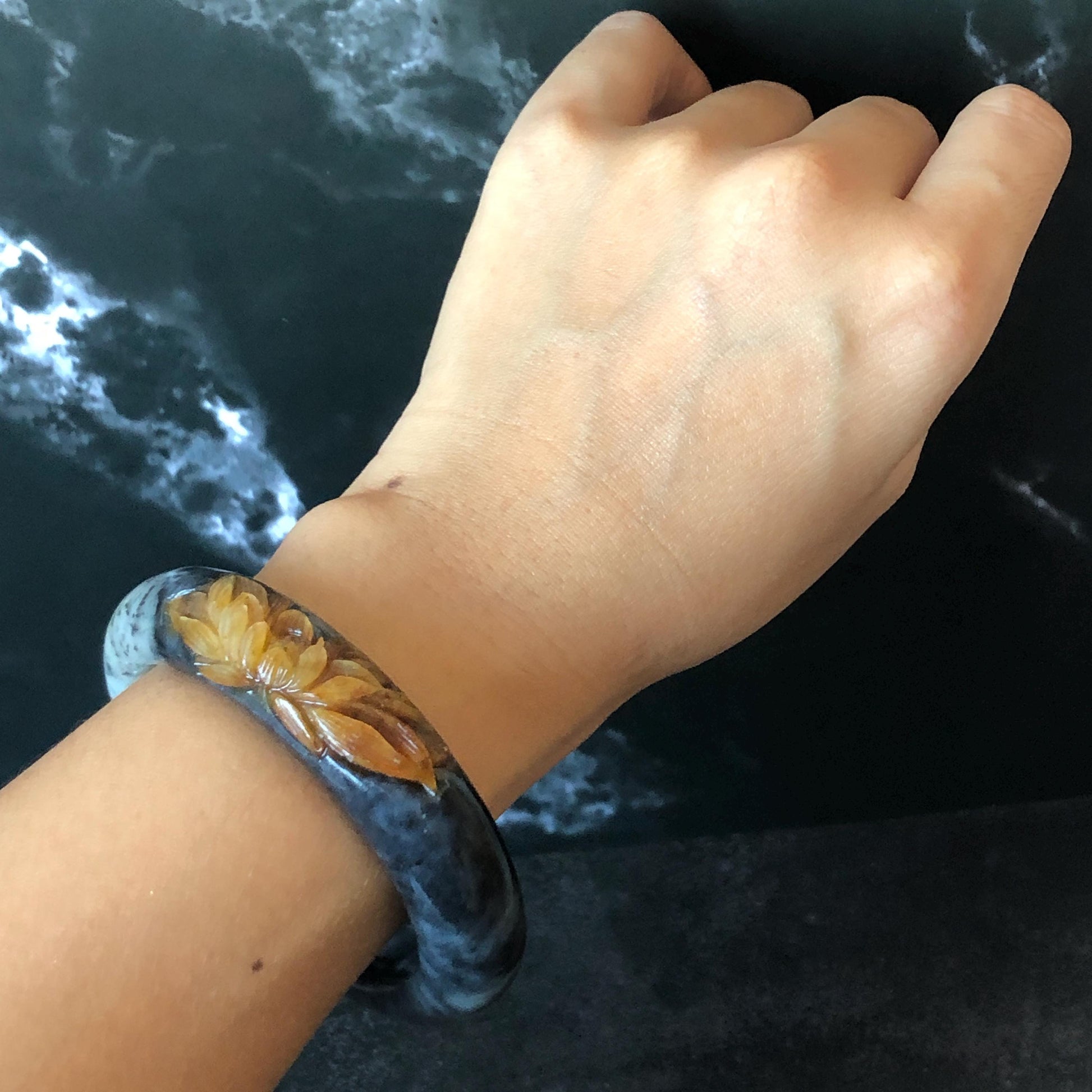 56.5mm Xiu Jade Serpentine Hand Carved Peony Flowers 55.7mm Xiu Jade Serpentine Hand Carved Lotus Flower Bangle: Natural Black White Brown Jade Handcrafted Bracelet, Stone Carving Gemstone Jewelry Gift for her wide jade bangle jade carving hand engraved stone carving natural untreated jade bracelet black jade white jade black jade brown jade handcraft jade lotus carving flower carving chinese jade vintage bangle antique bracelet sesame bracelet multi colour jade