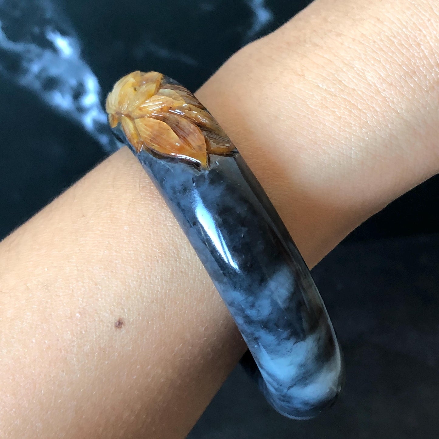 56.5mm Xiu Jade Serpentine Hand Carved Peony Flowers 55.7mm Xiu Jade Serpentine Hand Carved Lotus Flower Bangle: Natural Black White Brown Jade Handcrafted Bracelet, Stone Carving Gemstone Jewelry Gift for her wide jade bangle jade carving hand engraved stone carving natural untreated jade bracelet black jade white jade black jade brown jade handcraft jade lotus carving flower carving chinese jade vintage bangle antique bracelet sesame bracelet multi colour jade