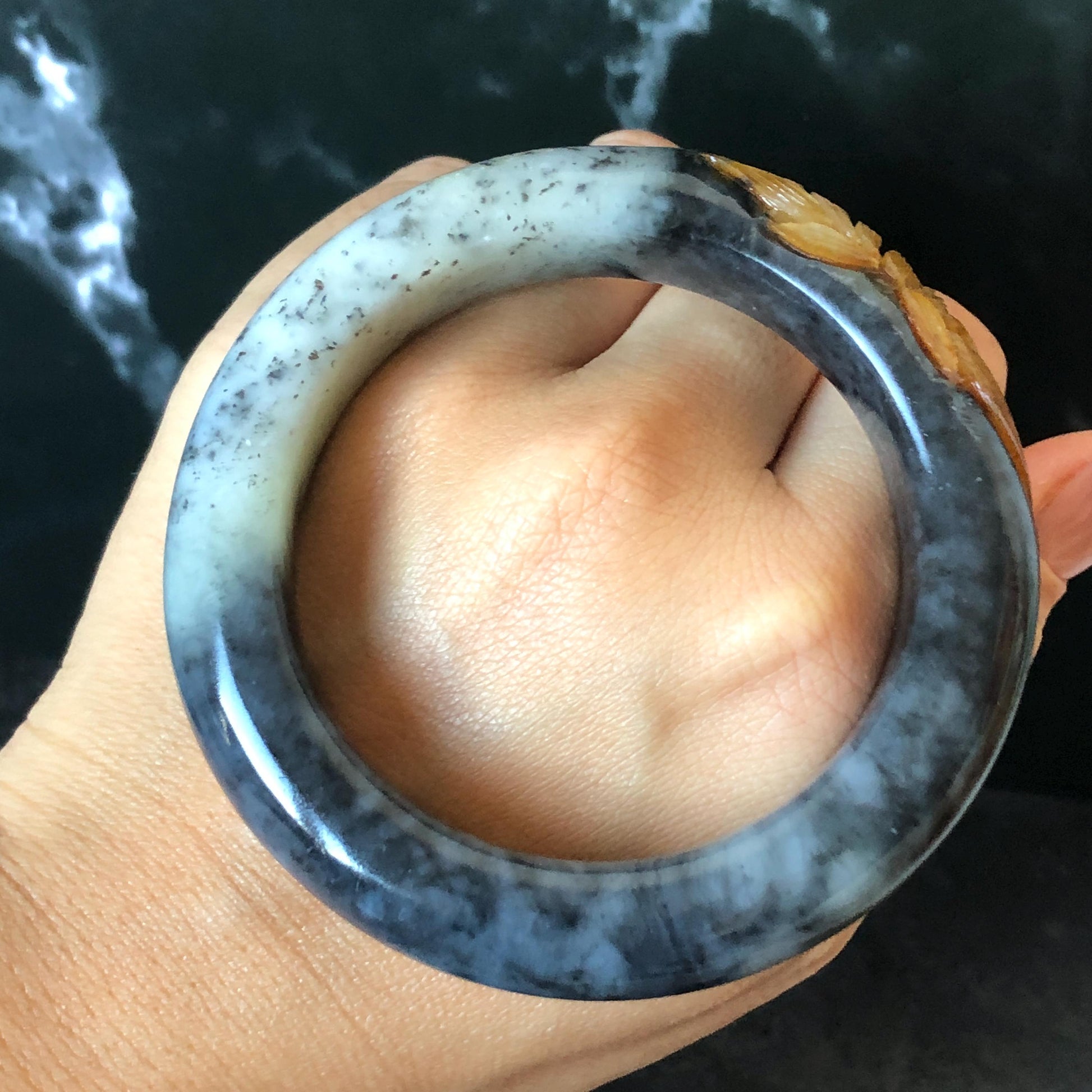 56.5mm Xiu Jade Serpentine Hand Carved Peony Flowers 55.7mm Xiu Jade Serpentine Hand Carved Lotus Flower Bangle: Natural Black White Brown Jade Handcrafted Bracelet, Stone Carving Gemstone Jewelry Gift for her wide jade bangle jade carving hand engraved stone carving natural untreated jade bracelet black jade white jade black jade brown jade handcraft jade lotus carving flower carving chinese jade vintage bangle antique bracelet sesame bracelet multi colour jade