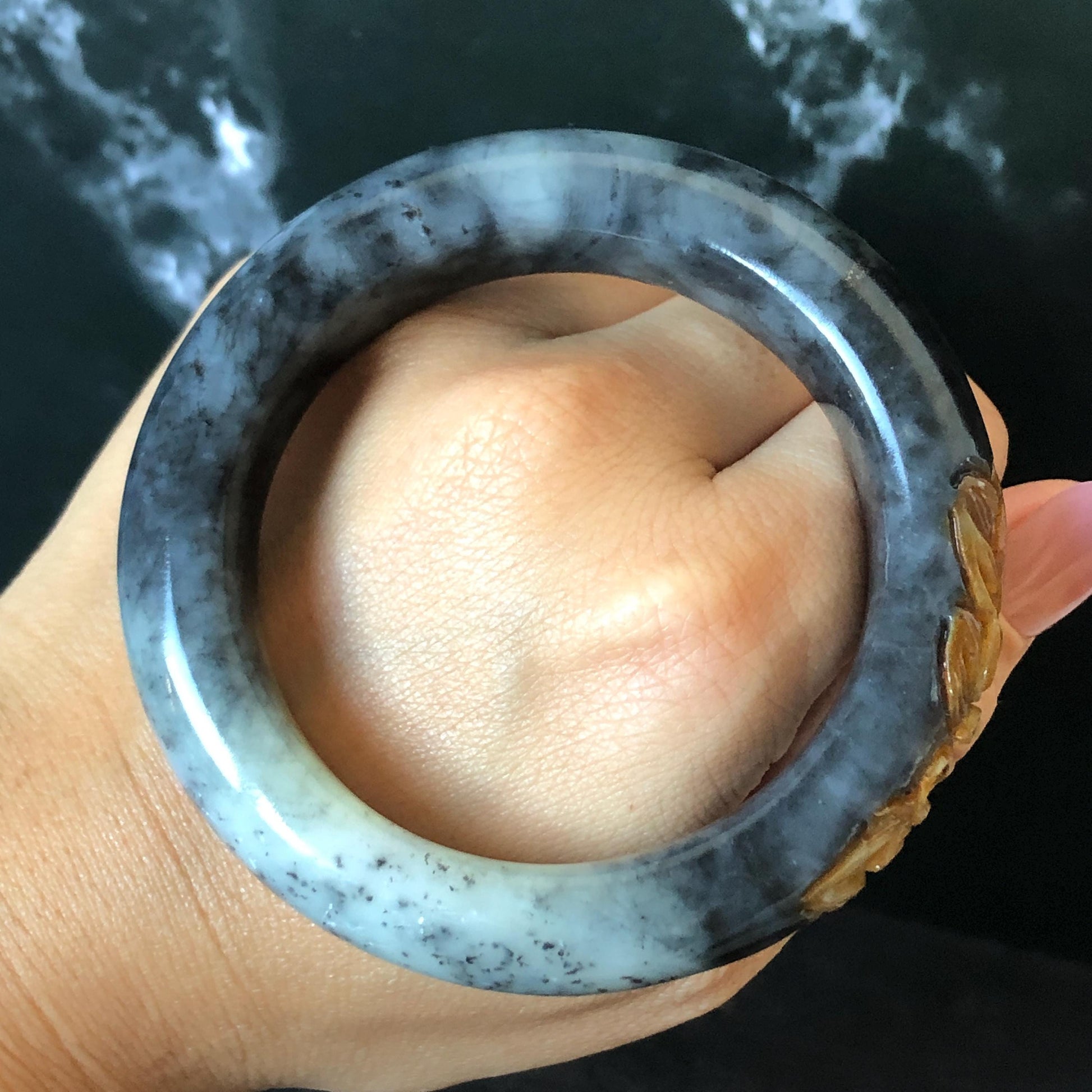 56.5mm Xiu Jade Serpentine Hand Carved Peony Flowers 55.7mm Xiu Jade Serpentine Hand Carved Lotus Flower Bangle: Natural Black White Brown Jade Handcrafted Bracelet, Stone Carving Gemstone Jewelry Gift for her wide jade bangle jade carving hand engraved stone carving natural untreated jade bracelet black jade white jade black jade brown jade handcraft jade lotus carving flower carving chinese jade vintage bangle antique bracelet sesame bracelet multi colour jade