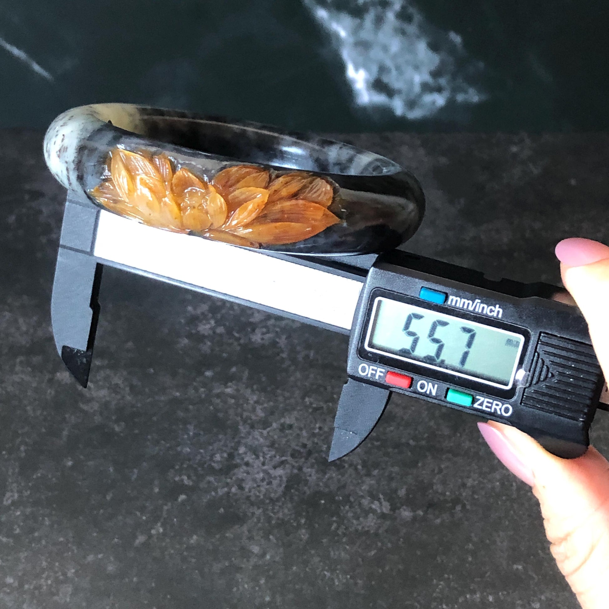 56.5mm Xiu Jade Serpentine Hand Carved Peony Flowers 55.7mm Xiu Jade Serpentine Hand Carved Lotus Flower Bangle: Natural Black White Brown Jade Handcrafted Bracelet, Stone Carving Gemstone Jewelry Gift for her wide jade bangle jade carving hand engraved stone carving natural untreated jade bracelet black jade white jade black jade brown jade handcraft jade lotus carving flower carving chinese jade vintage bangle antique bracelet sesame bracelet multi colour jade