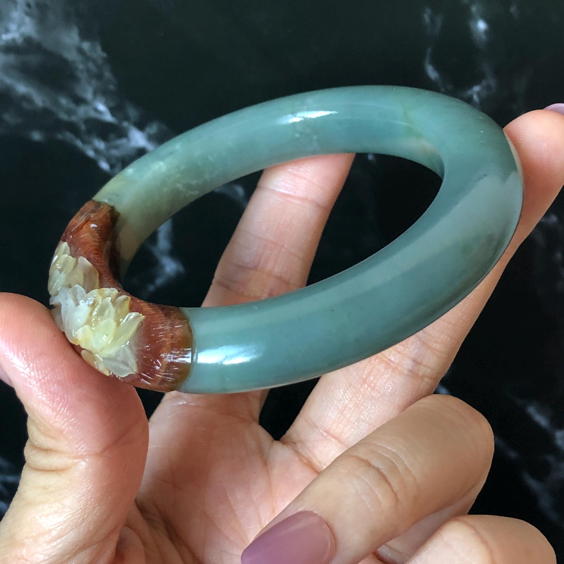 55.4mm Xiu Jade Serpentine Hand Carved Lotus Flower Bangle: Natural Green Brown White Jade Handcrafted Bracelet, Stone Carving Gemstone Jewelry  Gift for her wide jade bangle jade carving hand engraved stone carving natural untreated jade bracelet black jade white jade black jade brown jade handcraft jade lotus carving flower carving chinese jade vintage bangle antique bracelet sesame bracelet multi colour jade