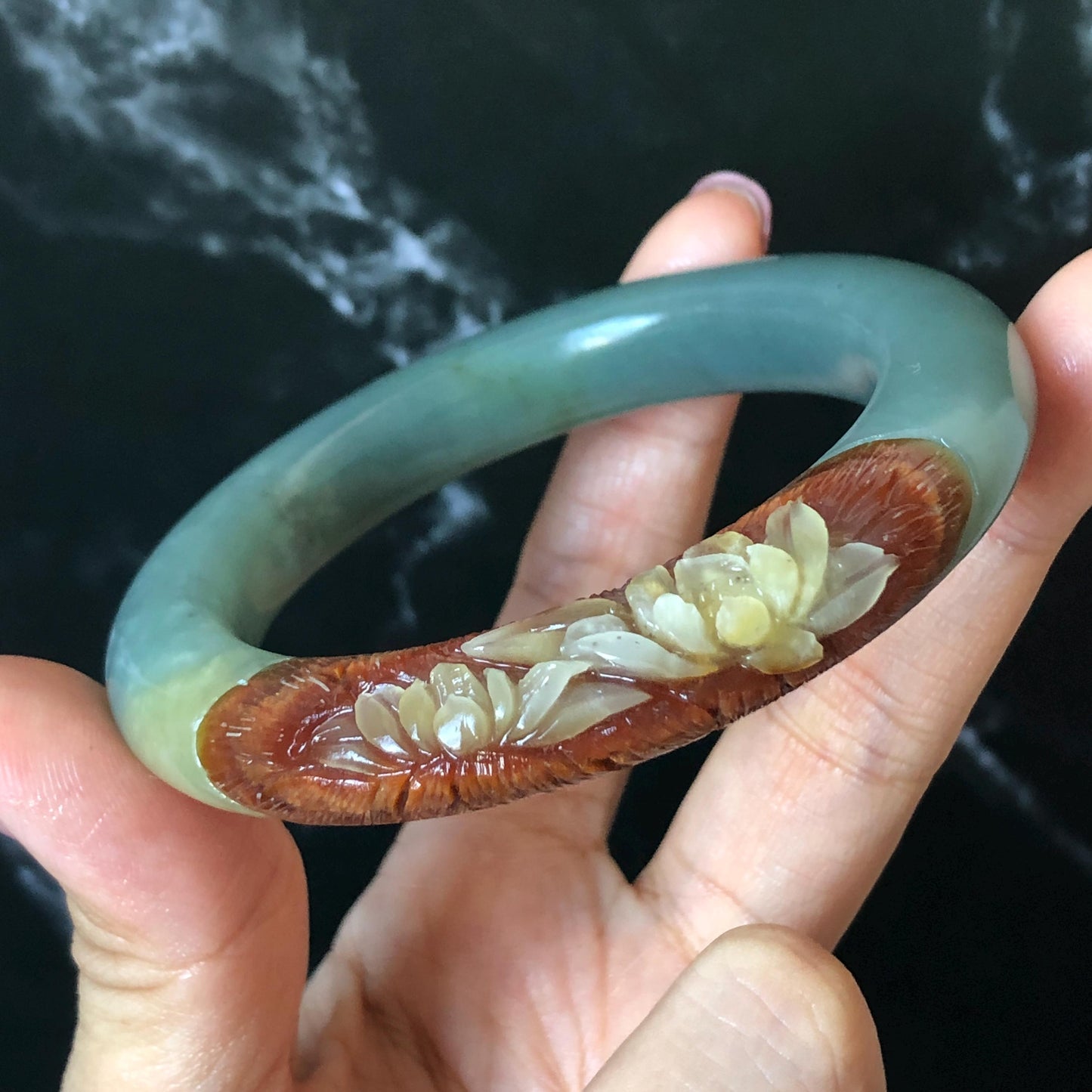 55.4mm Xiu Jade Serpentine Hand Carved Lotus Flower Bangle: Natural Green Brown White Jade Handcrafted Bracelet, Stone Carving Gemstone Jewelry  Gift for her wide jade bangle jade carving hand engraved stone carving natural untreated jade bracelet black jade white jade black jade brown jade handcraft jade lotus carving flower carving chinese jade vintage bangle antique bracelet sesame bracelet multi colour jade