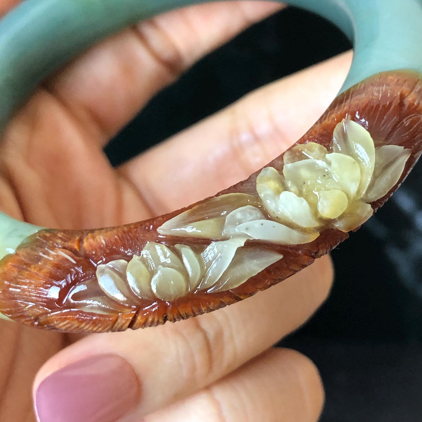 55.4mm Xiu Jade Serpentine Hand Carved Lotus Flower Bangle: Natural Green Brown White Jade Handcrafted Bracelet, Stone Carving Gemstone Jewelry  Gift for her wide jade bangle jade carving hand engraved stone carving natural untreated jade bracelet black jade white jade black jade brown jade handcraft jade lotus carving flower carving chinese jade vintage bangle antique bracelet sesame bracelet multi colour jade
