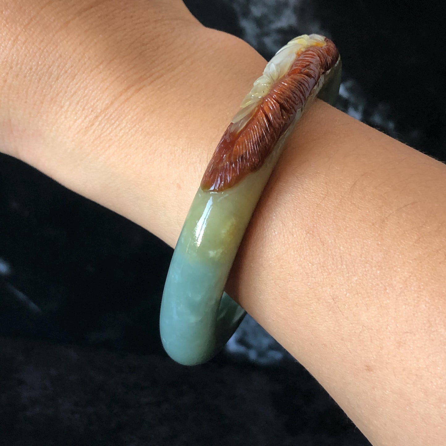 55.4mm Xiu Jade Serpentine Hand Carved Lotus Flower Bangle: Natural Green Brown White Jade Handcrafted Bracelet, Stone Carving Gemstone Jewelry  Gift for her wide jade bangle jade carving hand engraved stone carving natural untreated jade bracelet black jade white jade black jade brown jade handcraft jade lotus carving flower carving chinese jade vintage bangle antique bracelet sesame bracelet multi colour jade