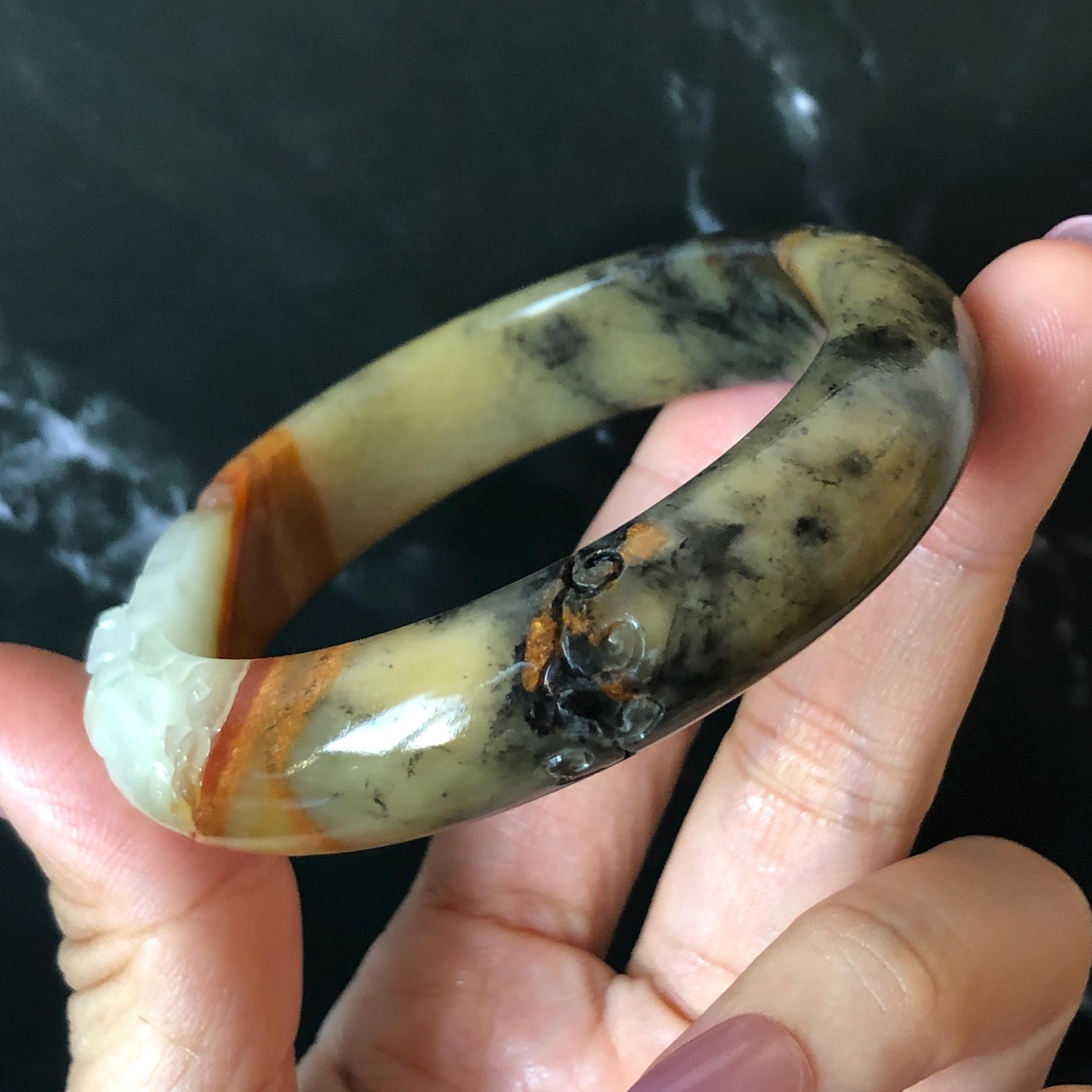 56mm Xiu Jade Serpentine Hand Carved Peony Flowers Bangle: Natural White Brown Yellow Green Jade Handcrafted Bracelet, Stone Carving Gemstone Jewelry Gemstone Jewelry Gift for her wide jade bangle jade carving hand engraved stone carving natural untreated jade bracelet green jade yellow jade brown jade handcraft jade peony carving flower carving chinese jade vintage bangle antique bracelet