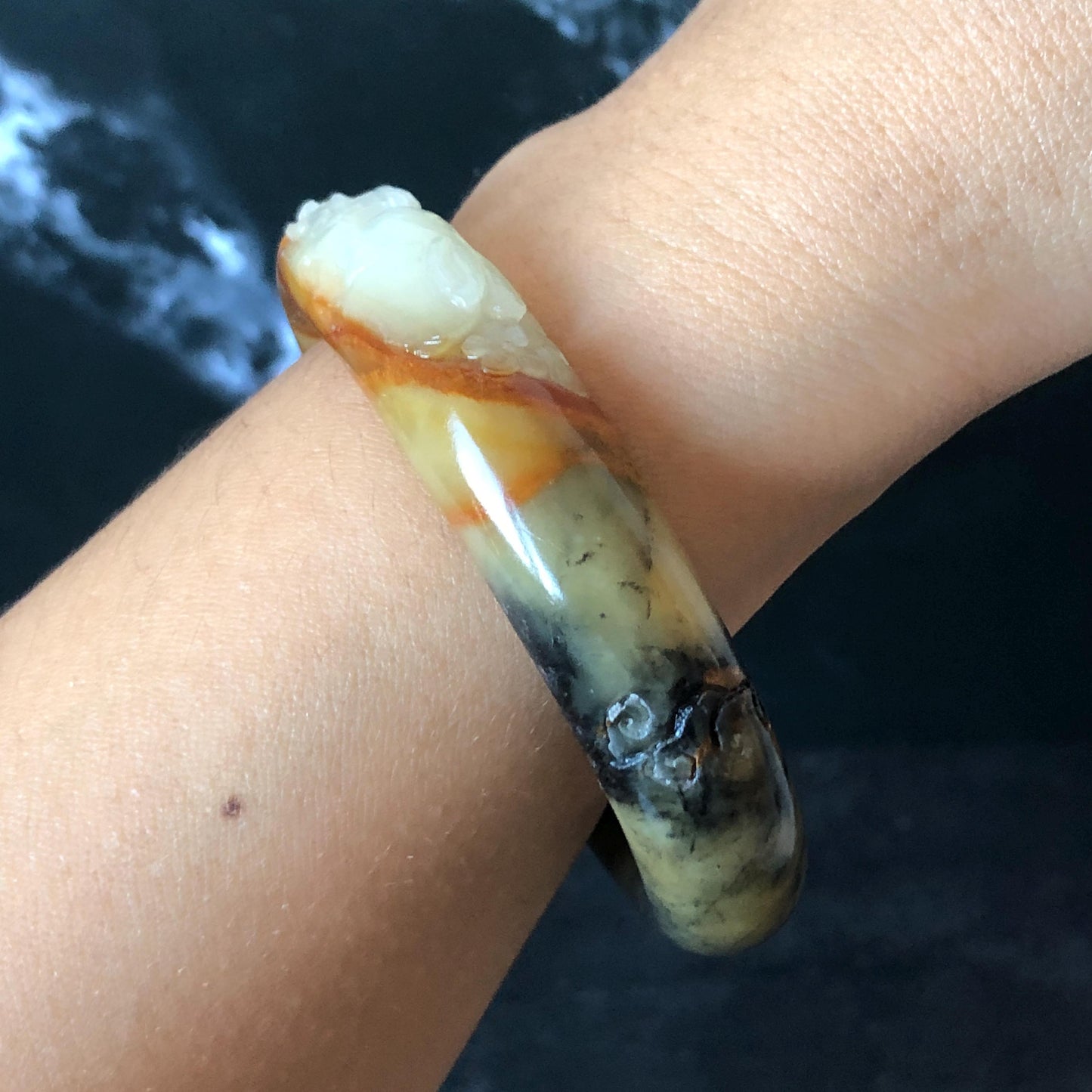 56mm Xiu Jade Serpentine Hand Carved Peony Flowers Bangle: Natural White Brown Yellow Green Jade Handcrafted Bracelet, Stone Carving Gemstone Jewelry Gemstone Jewelry Gift for her wide jade bangle jade carving hand engraved stone carving natural untreated jade bracelet green jade yellow jade brown jade handcraft jade peony carving flower carving chinese jade vintage bangle antique bracelet