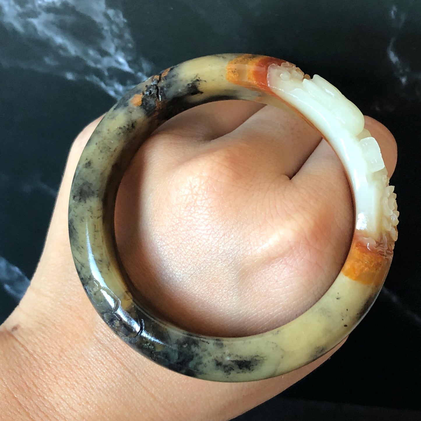 56mm Xiu Jade Serpentine Hand Carved Peony Flowers Bangle: Natural White Brown Yellow Green Jade Handcrafted Bracelet, Stone Carving Gemstone Jewelry Gemstone Jewelry Gift for her wide jade bangle jade carving hand engraved stone carving natural untreated jade bracelet green jade yellow jade brown jade handcraft jade peony carving flower carving chinese jade vintage bangle antique bracelet