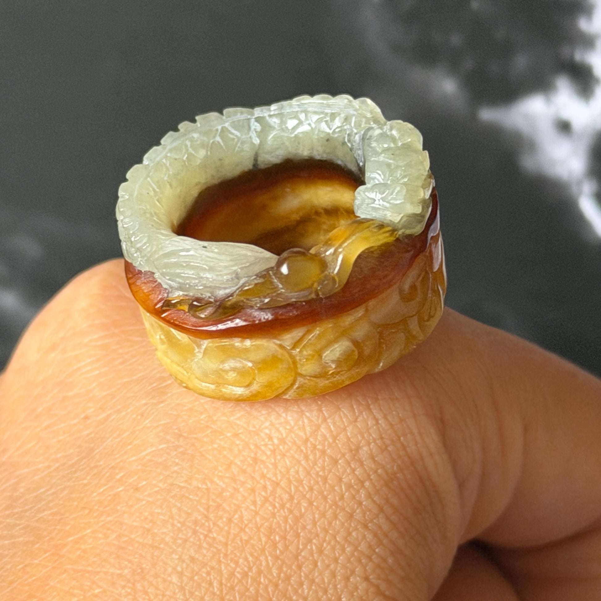 Xiu Jade Serpentine Hand Carved Spraying Fire Dragon Ring 17.3mm (US 6.5-6.75) : Natural Tri-colour Brown Yellow White Jade Statement ring  Band Ring gift for her white jade carving yellow jade brown jade tri colour jade dragon carving hand engraved statement ring hand carved flower natural untreated jade handcrafted jade ring hallow out style 3D carving Stone carving Gemstone Carving dragon Lover gift jade cocktail ring jade band ring thumb ring pendant
