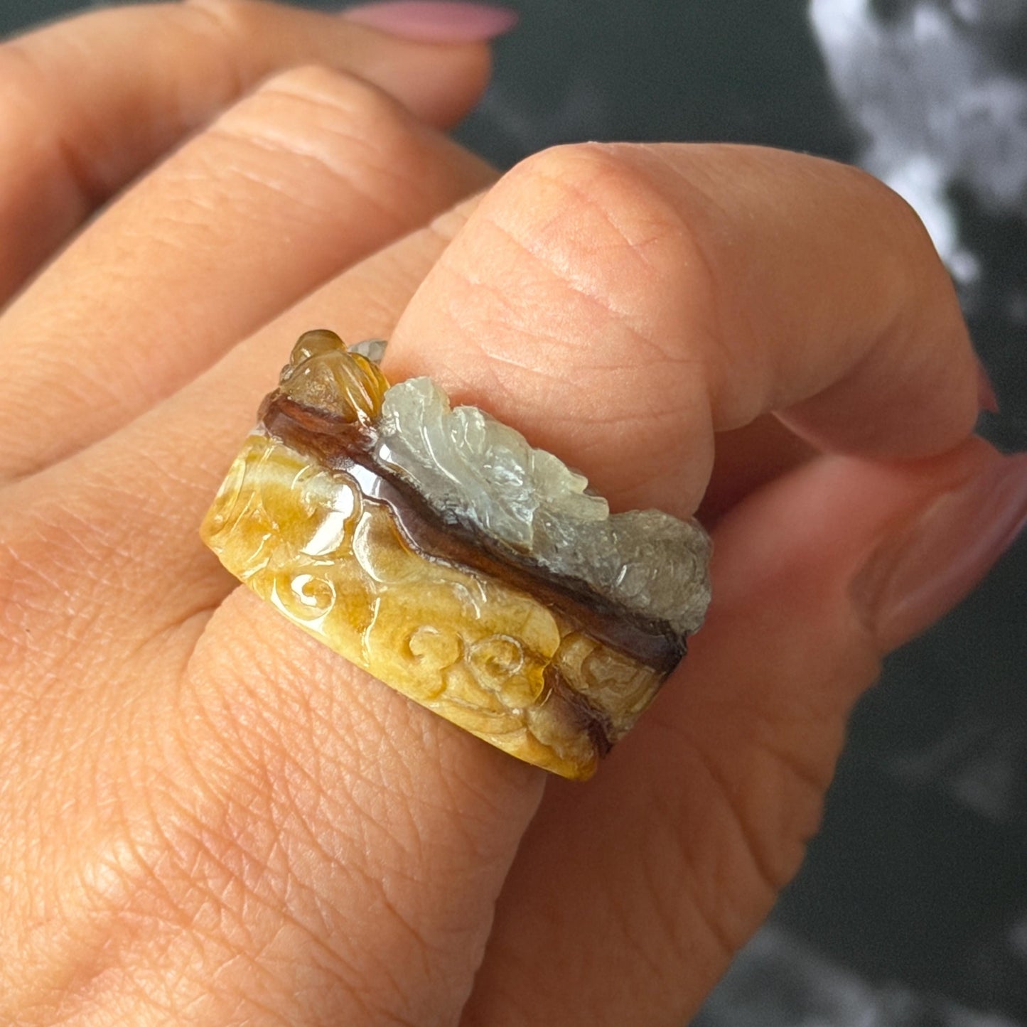 Xiu Jade Serpentine Hand Carved Spraying Fire Dragon Ring 17.3mm (US 6.5-6.75) : Natural Tri-colour Brown Yellow White Jade Statement ring  Band Ring gift for her white jade carving yellow jade brown jade tri colour jade dragon carving hand engraved statement ring hand carved flower natural untreated jade handcrafted jade ring hallow out style 3D carving Stone carving Gemstone Carving dragon Lover gift jade cocktail ring jade band ring thumb ring pendant