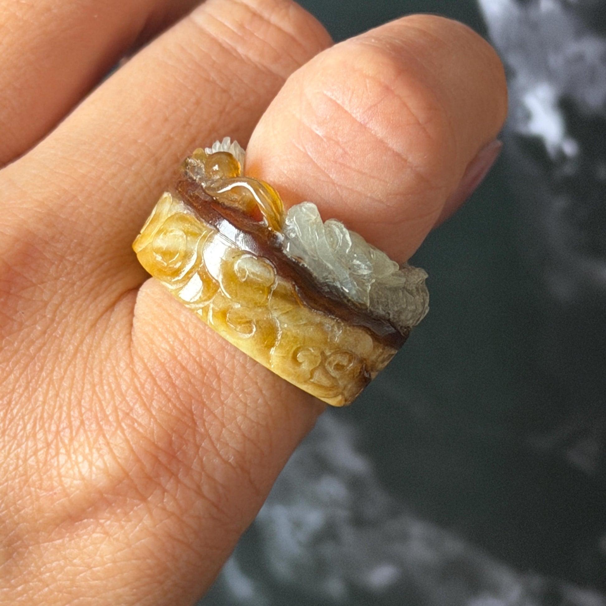 Xiu Jade Serpentine Hand Carved Spraying Fire Dragon Ring 17.3mm (US 6.5-6.75) : Natural Tri-colour Brown Yellow White Jade Statement ring  Band Ring gift for her white jade carving yellow jade brown jade tri colour jade dragon carving hand engraved statement ring hand carved flower natural untreated jade handcrafted jade ring hallow out style 3D carving Stone carving Gemstone Carving dragon Lover gift jade cocktail ring jade band ring thumb ring pendant