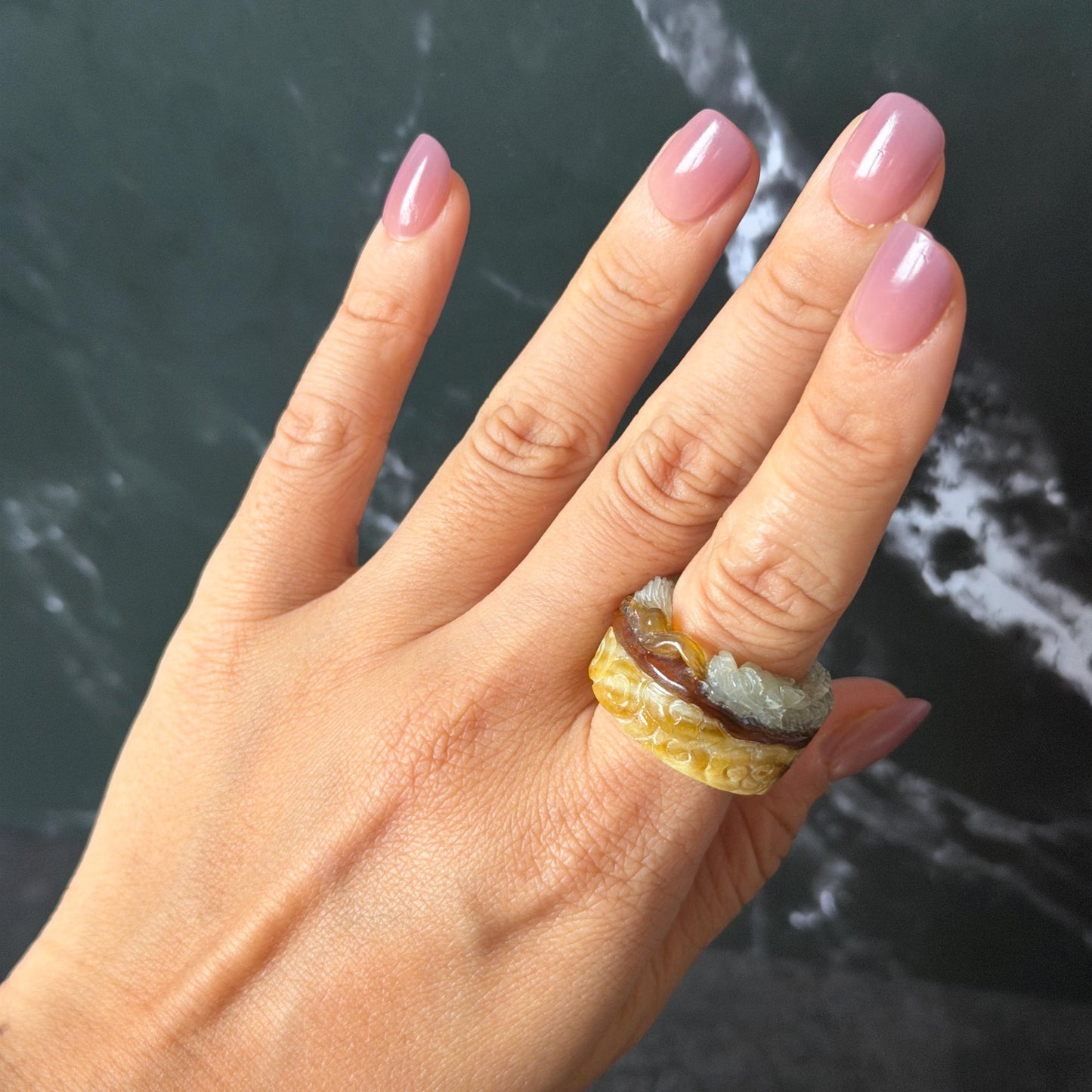 Xiu Jade Serpentine Hand Carved Spraying Fire Dragon Ring 17.3mm (US 6.5-6.75) : Natural Tri-colour Brown Yellow White Jade Statement ring  Band Ring gift for her white jade carving yellow jade brown jade tri colour jade dragon carving hand engraved statement ring hand carved flower natural untreated jade handcrafted jade ring hallow out style 3D carving Stone carving Gemstone Carving dragon Lover gift jade cocktail ring jade band ring thumb ring pendant