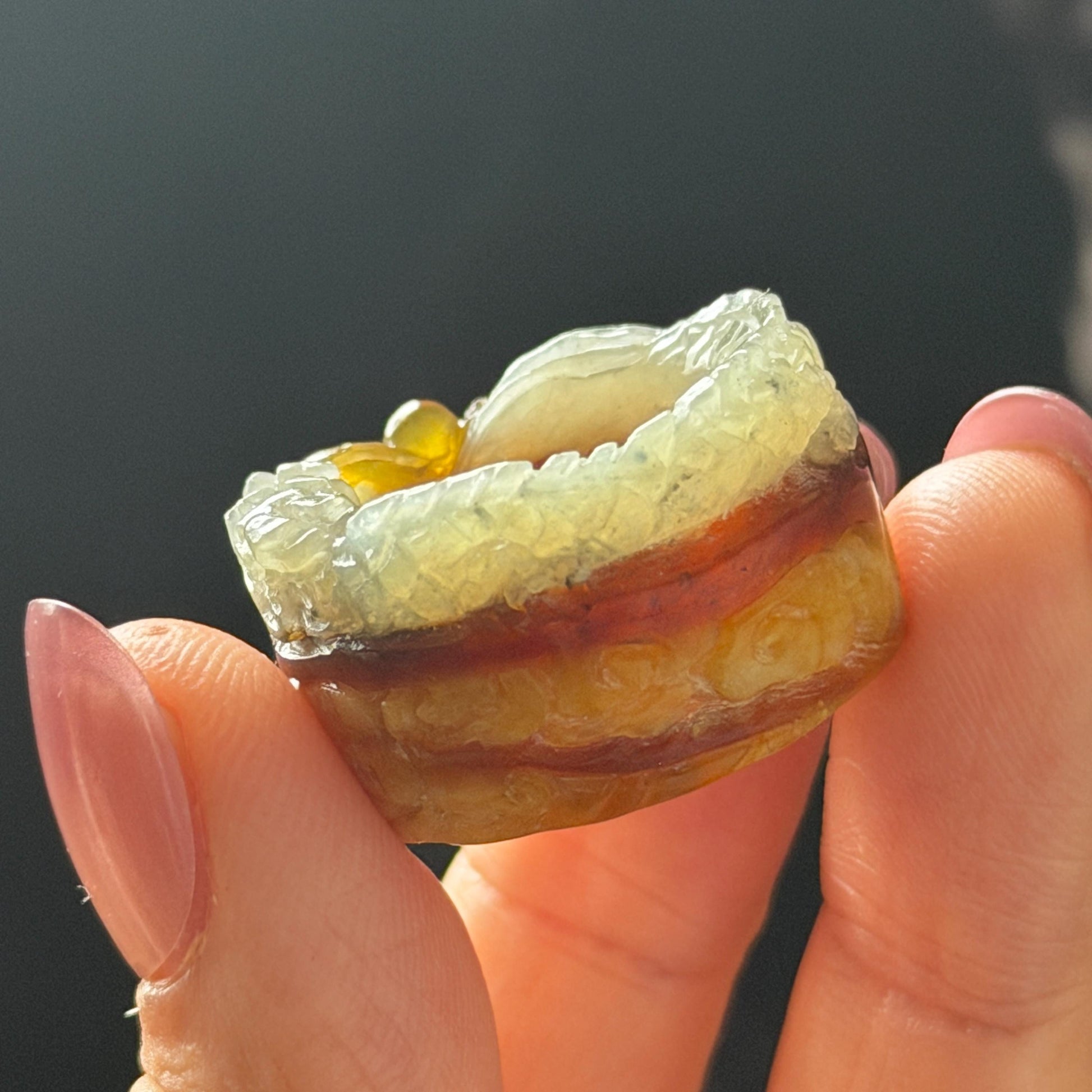 Xiu Jade Serpentine Hand Carved Spraying Fire Dragon Ring 17.3mm (US 6.5-6.75) : Natural Tri-colour Brown Yellow White Jade Statement ring  Band Ring gift for her white jade carving yellow jade brown jade tri colour jade dragon carving hand engraved statement ring hand carved flower natural untreated jade handcrafted jade ring hallow out style 3D carving Stone carving Gemstone Carving dragon Lover gift jade cocktail ring jade band ring thumb ring pendant