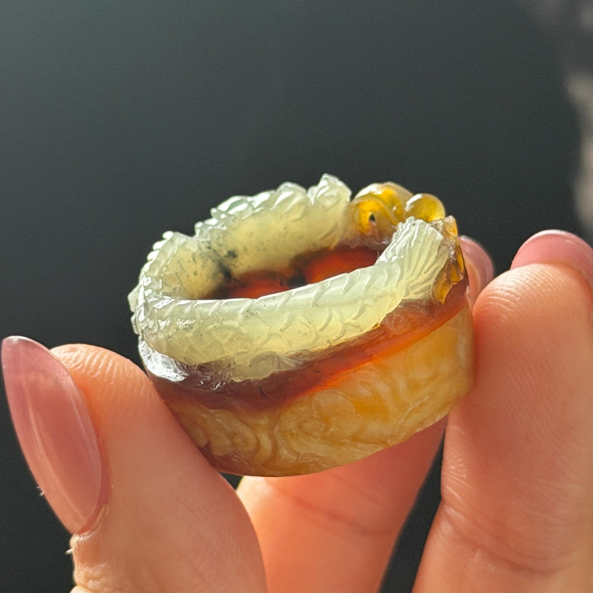 Xiu Jade Serpentine Hand Carved Spraying Fire Dragon Ring 17.3mm (US 6.5-6.75) : Natural Tri-colour Brown Yellow White Jade Statement ring  Band Ring gift for her white jade carving yellow jade brown jade tri colour jade dragon carving hand engraved statement ring hand carved flower natural untreated jade handcrafted jade ring hallow out style 3D carving Stone carving Gemstone Carving dragon Lover gift jade cocktail ring jade band ring thumb ring pendant