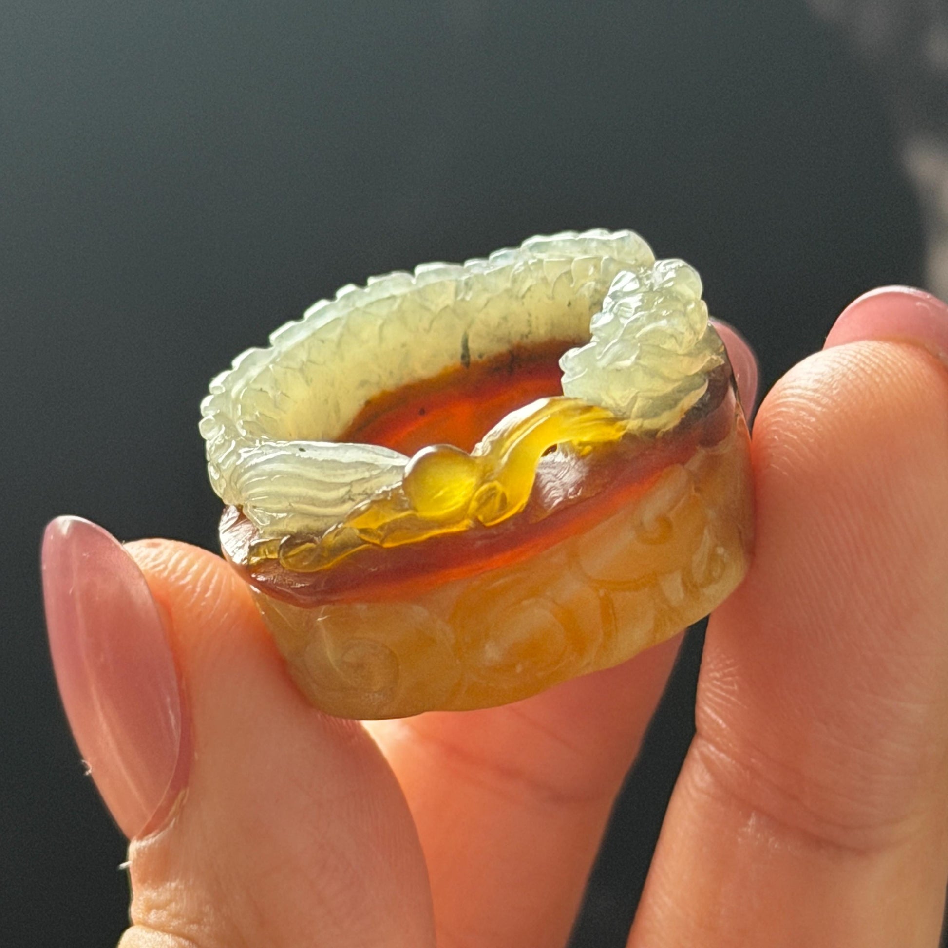Xiu Jade Serpentine Hand Carved Spraying Fire Dragon Ring 17.3mm (US 6.5-6.75) : Natural Tri-colour Brown Yellow White Jade Statement ring  Band Ring gift for her white jade carving yellow jade brown jade tri colour jade dragon carving hand engraved statement ring hand carved flower natural untreated jade handcrafted jade ring hallow out style 3D carving Stone carving Gemstone Carving dragon Lover gift jade cocktail ring jade band ring thumb ring pendant