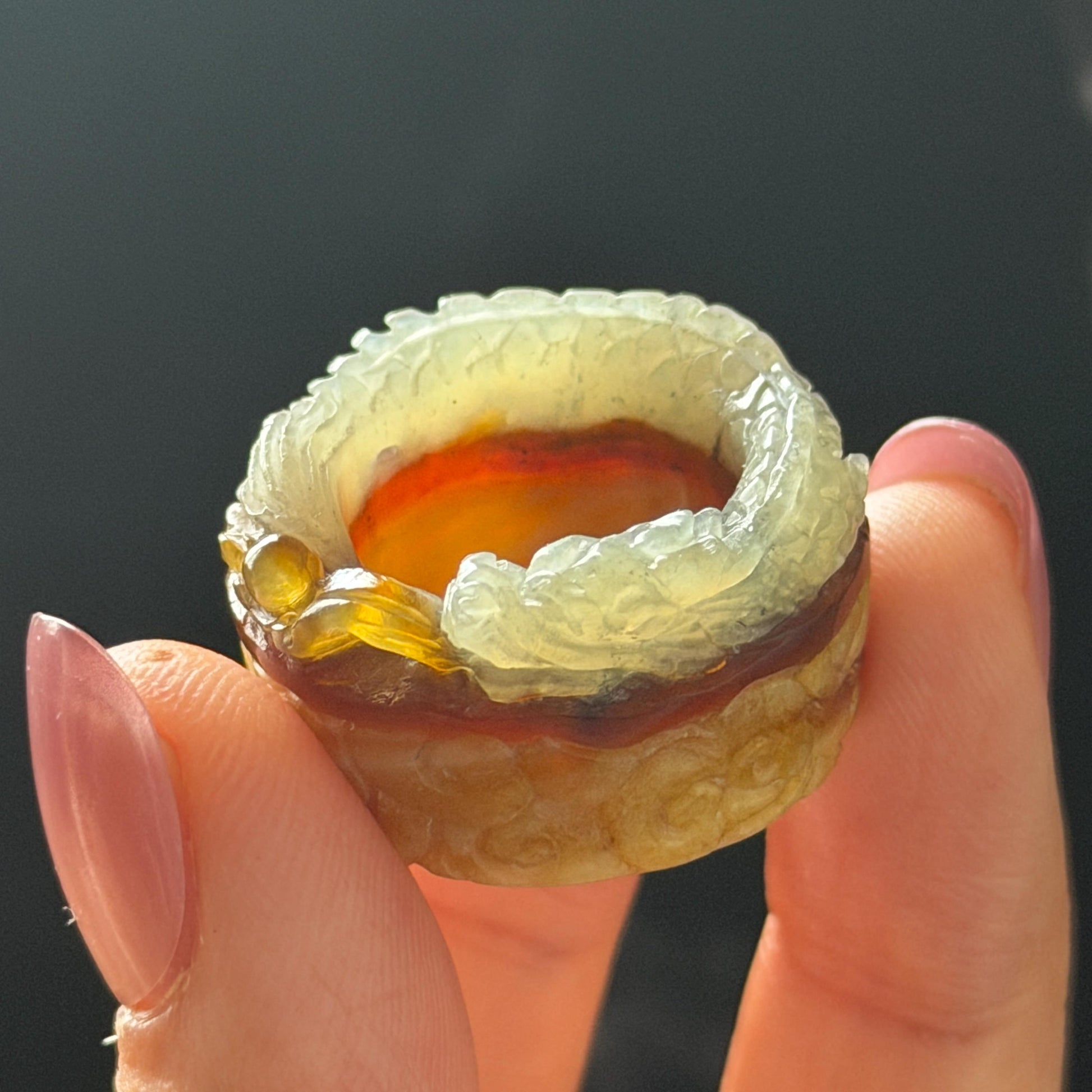 Xiu Jade Serpentine Hand Carved Spraying Fire Dragon Ring 17.3mm (US 6.5-6.75) : Natural Tri-colour Brown Yellow White Jade Statement ring  Band Ring gift for her white jade carving yellow jade brown jade tri colour jade dragon carving hand engraved statement ring hand carved flower natural untreated jade handcrafted jade ring hallow out style 3D carving Stone carving Gemstone Carving dragon Lover gift jade cocktail ring jade band ring thumb ring pendant