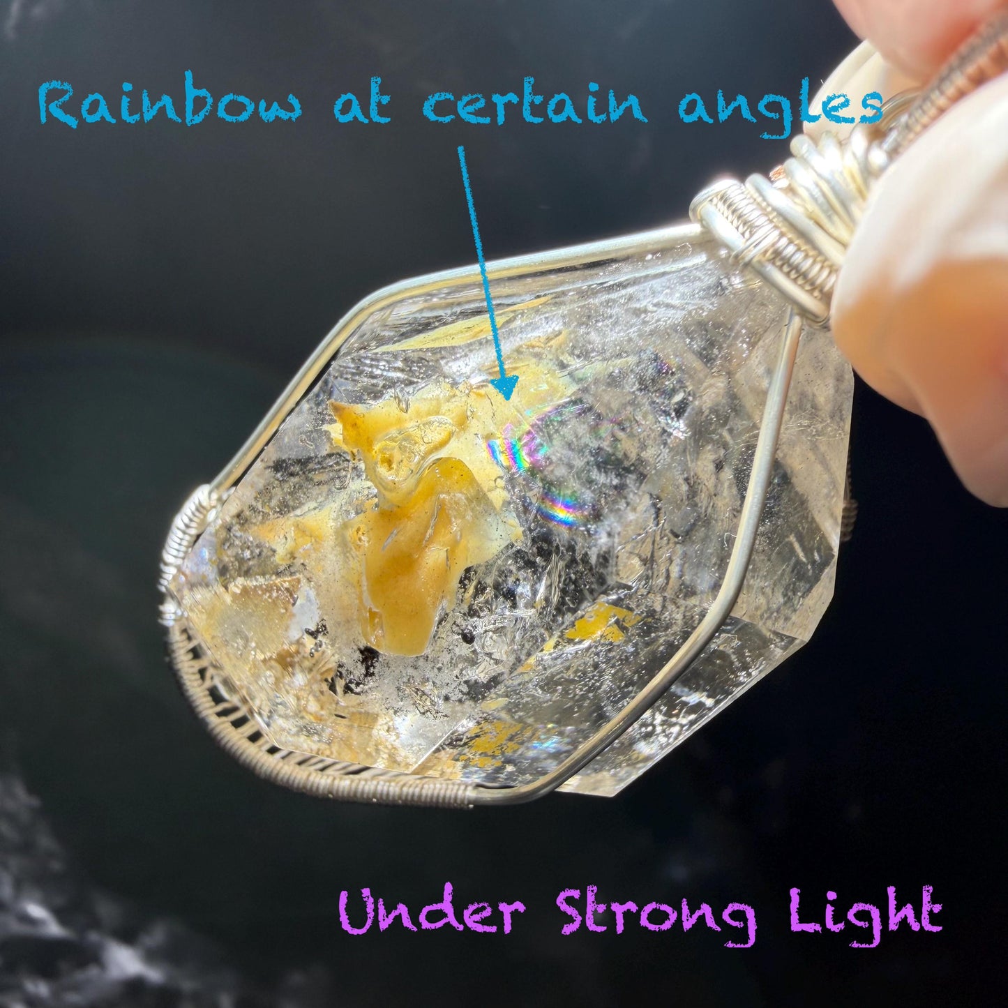 Yellow Enhydro Quartz (Herkimer Diamond) Wrapped Wire Pendant Adjustable Necklace: Rare Moving Yellow and Black Sand with Bubbles Inclusion Crystal | Natural Gemstone Birthstone Gift for her enhydro quartz sand water-fall pendant necklace choker gemstone charm stone pendant choker polished stone pendant crystal charm birthstone gift men necklace chakra crystal purify stone minerals specimen adjustable choker mica quartz mica flakes silver wire wrapped pendant inclusion quartz inclusion crystal