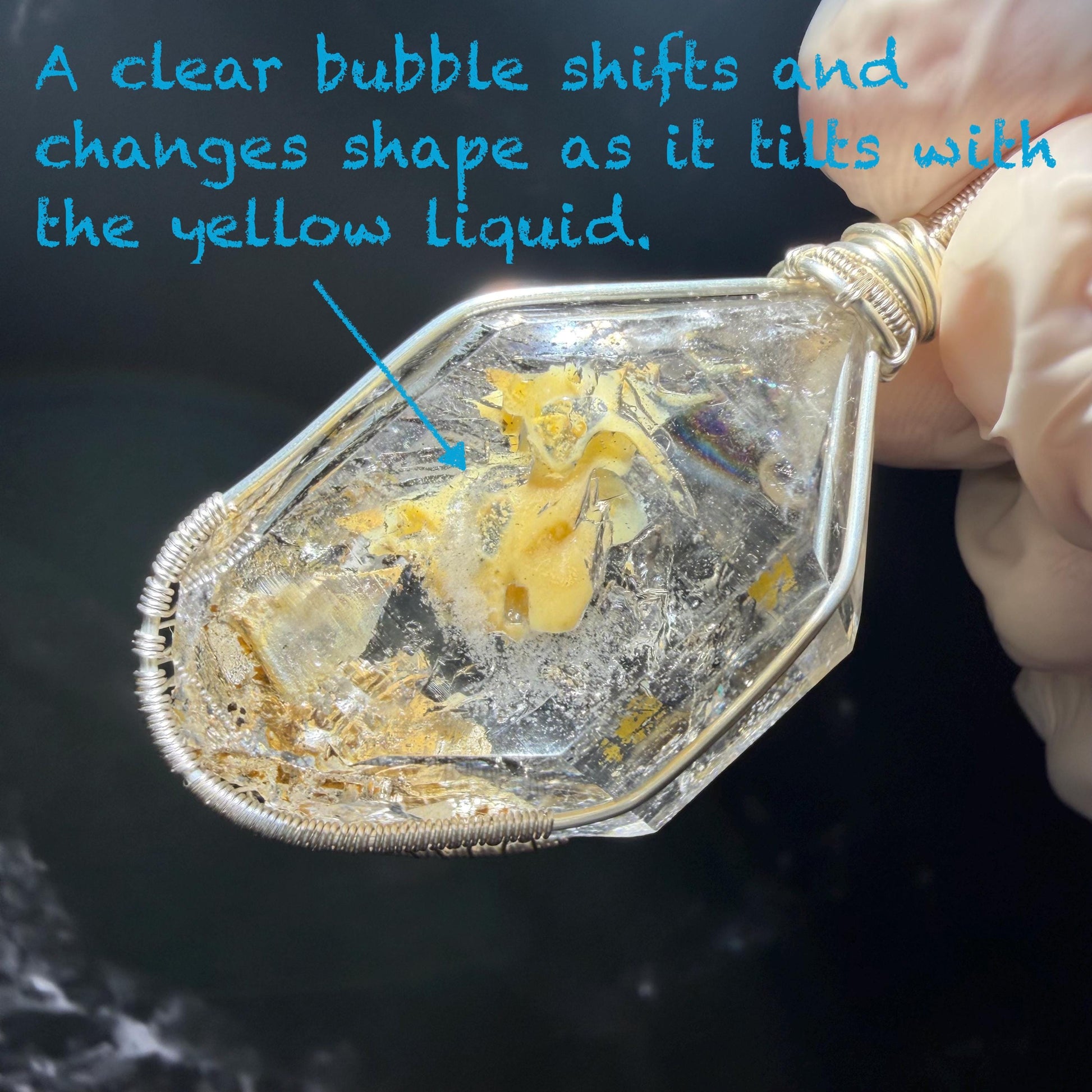 Yellow Enhydro Quartz (Herkimer Diamond) Wrapped Wire Pendant Adjustable Necklace: Rare Moving Yellow and Black Sand with Bubbles Inclusion Crystal | Natural Gemstone Birthstone Gift for her enhydro quartz sand water-fall pendant necklace choker gemstone charm stone pendant choker polished stone pendant crystal charm birthstone gift men necklace chakra crystal purify stone minerals specimen adjustable choker mica quartz mica flakes silver wire wrapped pendant inclusion quartz inclusion crystal