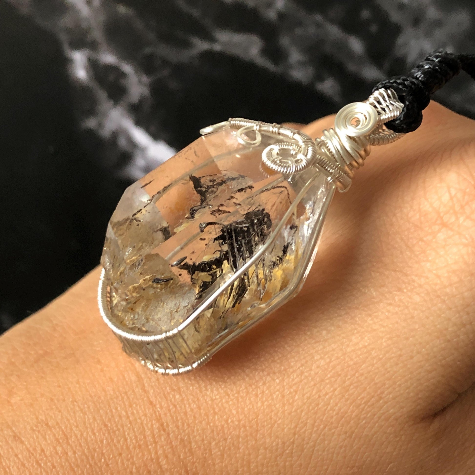 Yellow Enhydro Quartz (Herkimer Diamond) Wrapped Wire Pendant Adjustable Necklace: Rare Moving Yellow and Black Sand with Bubbles Inclusion Crystal | Natural Gemstone Birthstone Gift for her enhydro quartz sand water-fall pendant necklace choker gemstone charm stone pendant choker polished stone pendant crystal charm birthstone gift men necklace chakra crystal purify stone minerals specimen adjustable choker mica quartz mica flakes silver wire wrapped pendant inclusion quartz inclusion crystal