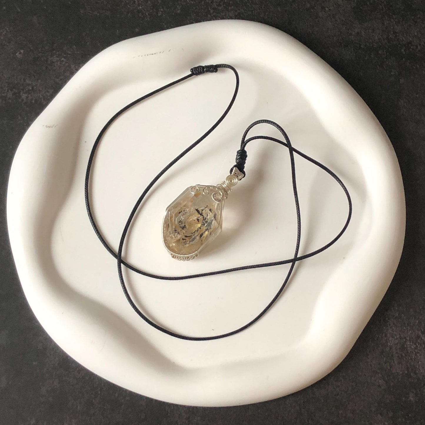 Yellow Enhydro Quartz (Herkimer Diamond) Wrapped Wire Pendant Adjustable Necklace: Rare Moving Yellow and Black Sand with Bubbles Inclusion Crystal | Natural Gemstone Birthstone Gift for her enhydro quartz sand water-fall pendant necklace choker gemstone charm stone pendant choker polished stone pendant crystal charm birthstone gift men necklace chakra crystal purify stone minerals specimen adjustable choker mica quartz mica flakes silver wire wrapped pendant inclusion quartz inclusion crystal