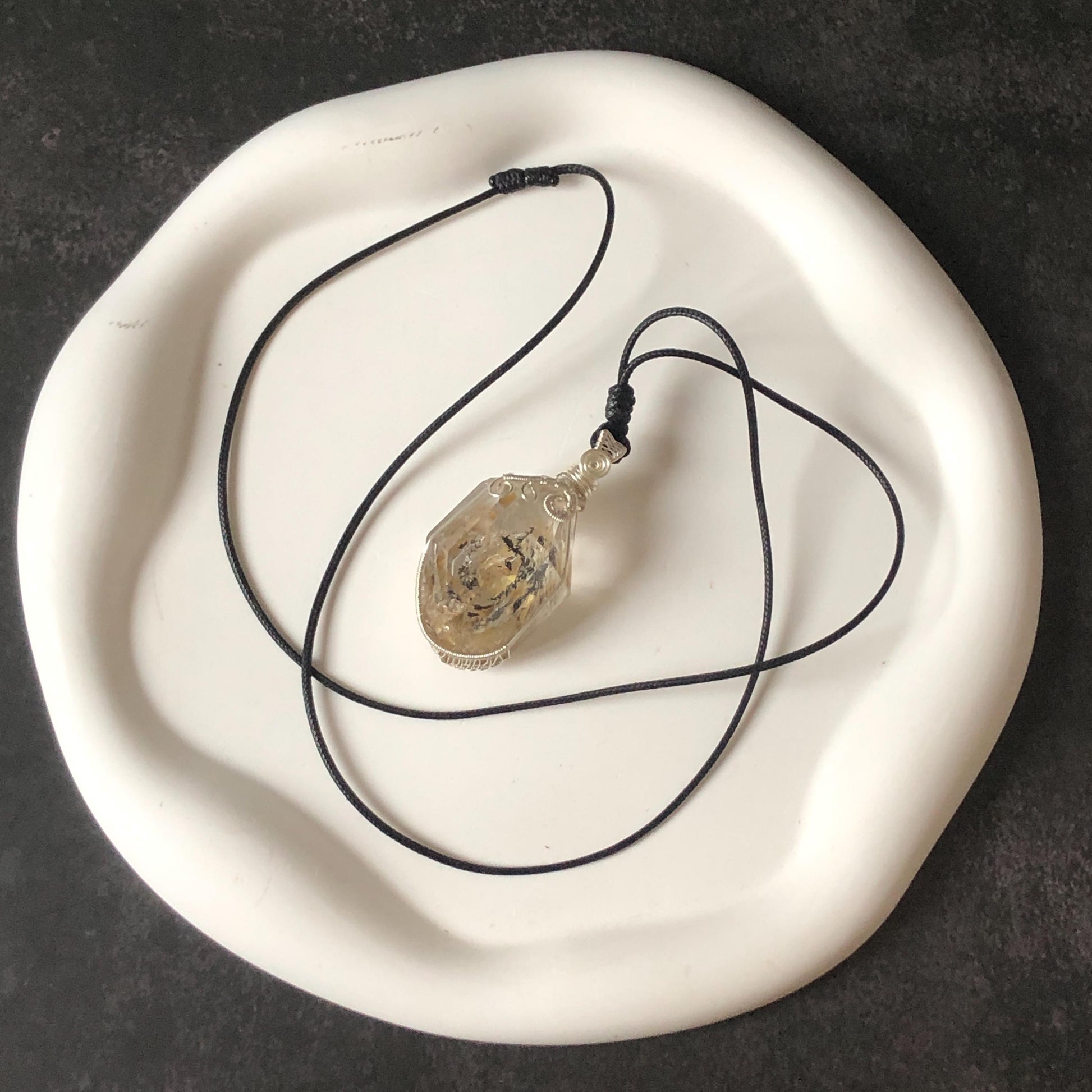 Yellow Enhydro Quartz (Herkimer Diamond) Wrapped Wire Pendant Adjustable Necklace: Rare Moving Yellow and Black Sand with Bubbles Inclusion Crystal | Natural Gemstone Birthstone Gift for her enhydro quartz sand water-fall pendant necklace choker gemstone charm stone pendant choker polished stone pendant crystal charm birthstone gift men necklace chakra crystal purify stone minerals specimen adjustable choker mica quartz mica flakes silver wire wrapped pendant inclusion quartz inclusion crystal